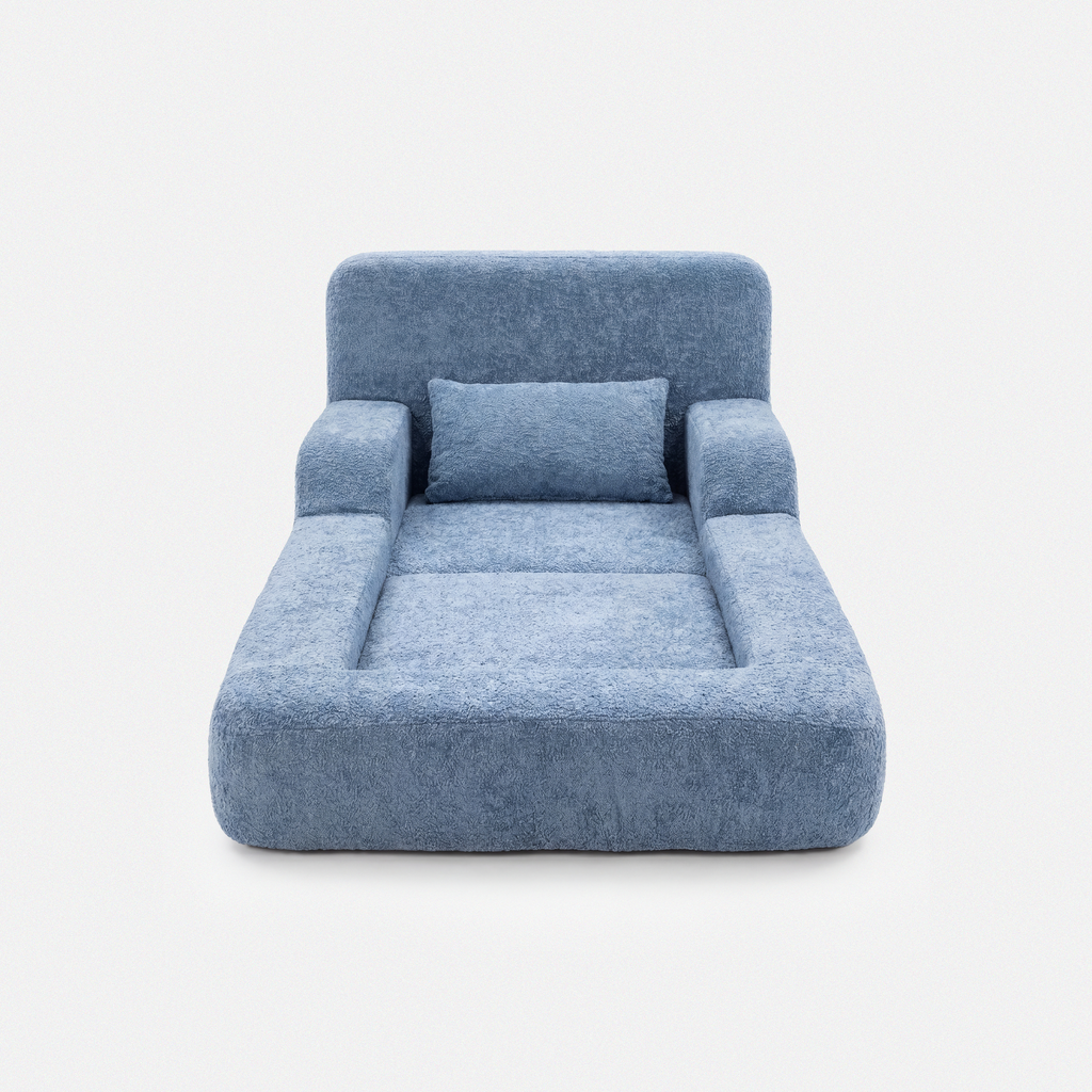 Mimi Kids Lounge Chair in Blue with cushioned seat, armrests, and soft pillow