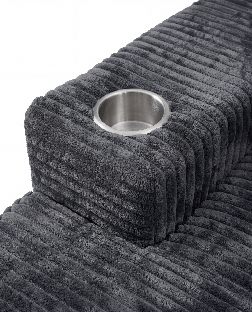 Lune Charcoal Compact Chaise Lounge with built-in cup holder and plush corduroy armrest detail