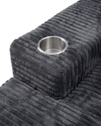 Lune Charcoal Compact Chaise Lounge with built-in cup holder and plush corduroy armrest detail