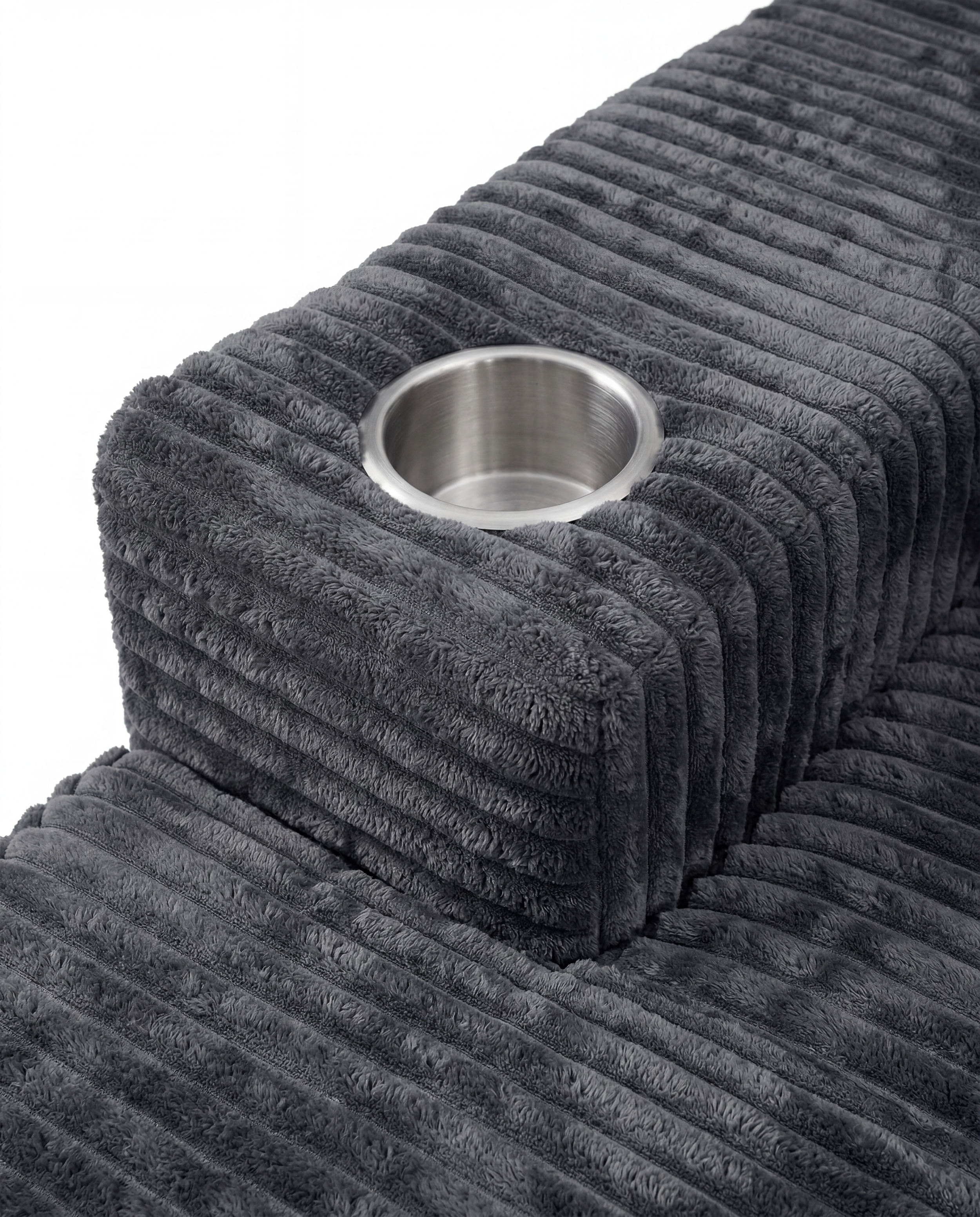 Lune Charcoal Compact Chaise Lounge with built-in cup holder and plush corduroy armrest detail