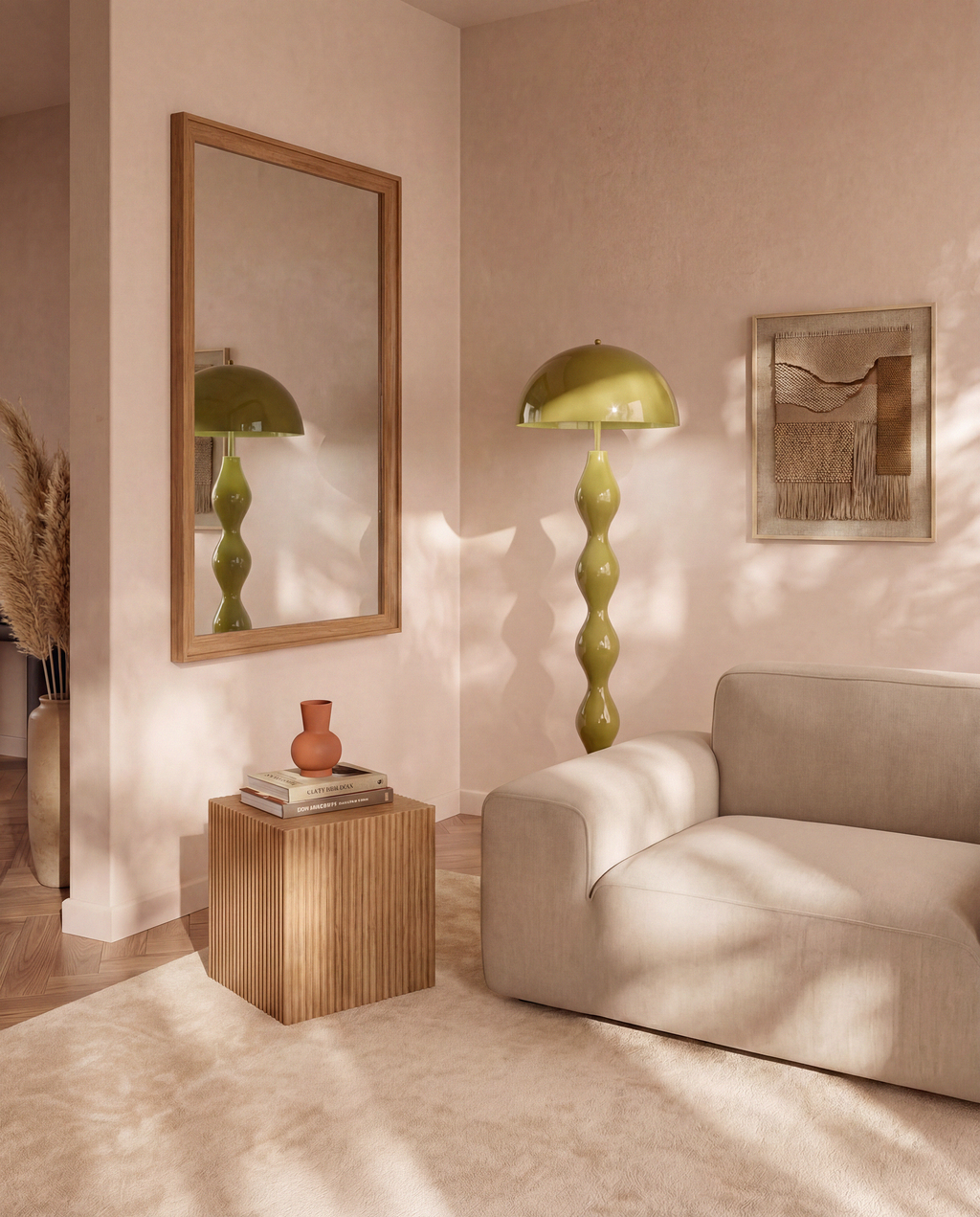 Tovo Cream Wide Accent Chair styled in a warm modern lounge corner