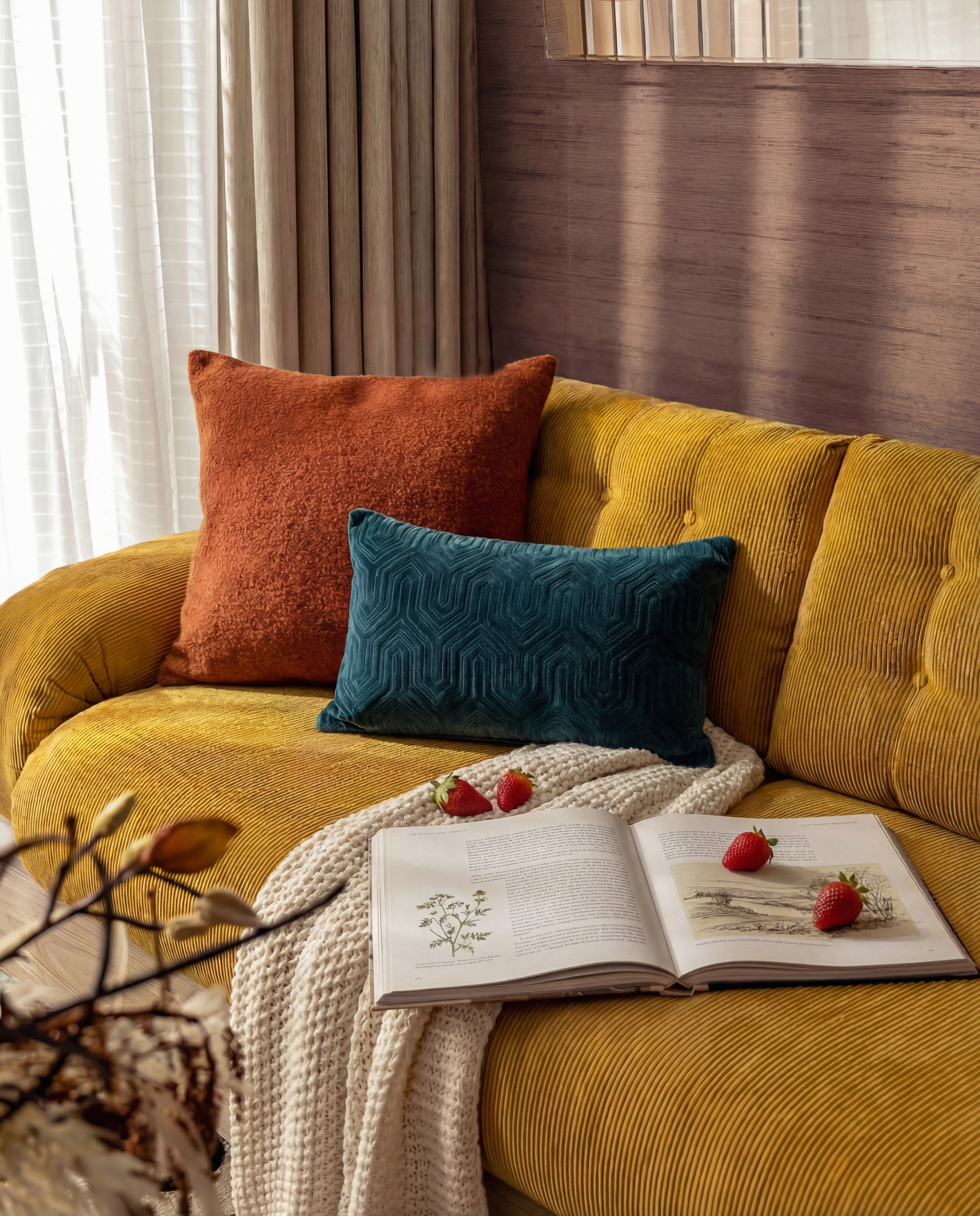 Tovo Plush Pillow Sleeper Sofa styled in a warm modern living room