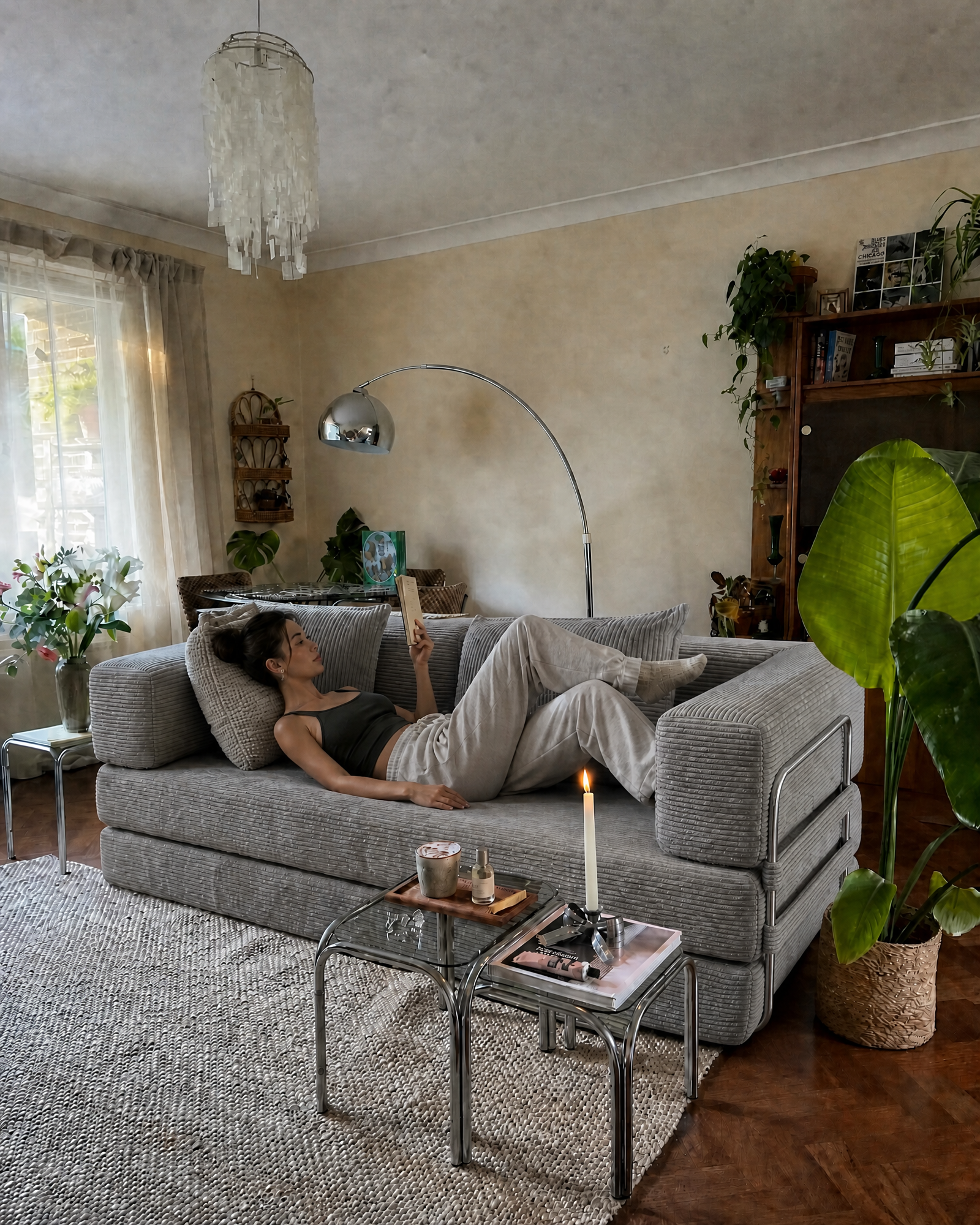 Milo Corduroy Sleeper Sofa in Light Grey styled for relaxed lounging in a cozy living room