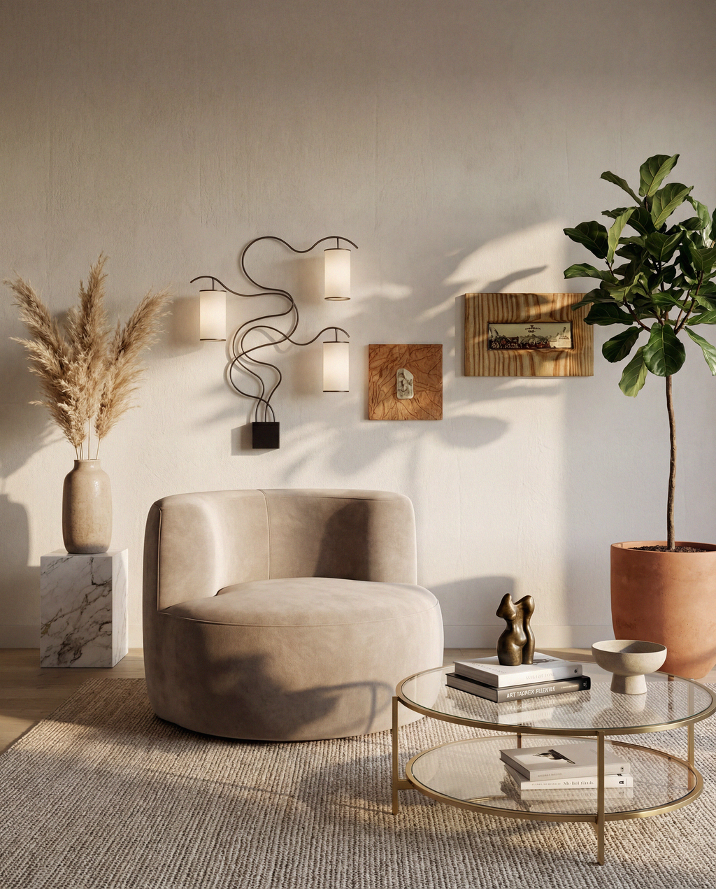 Sola Round Lounge Chair in Light Grey styled in a warm modern living room