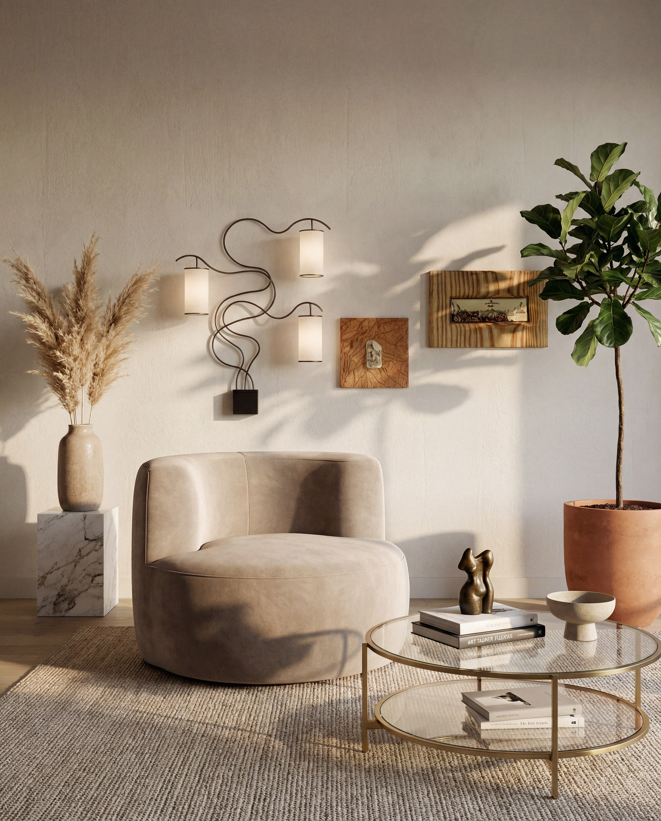 Sola Round Lounge Chair in Light Grey styled in a warm modern living room