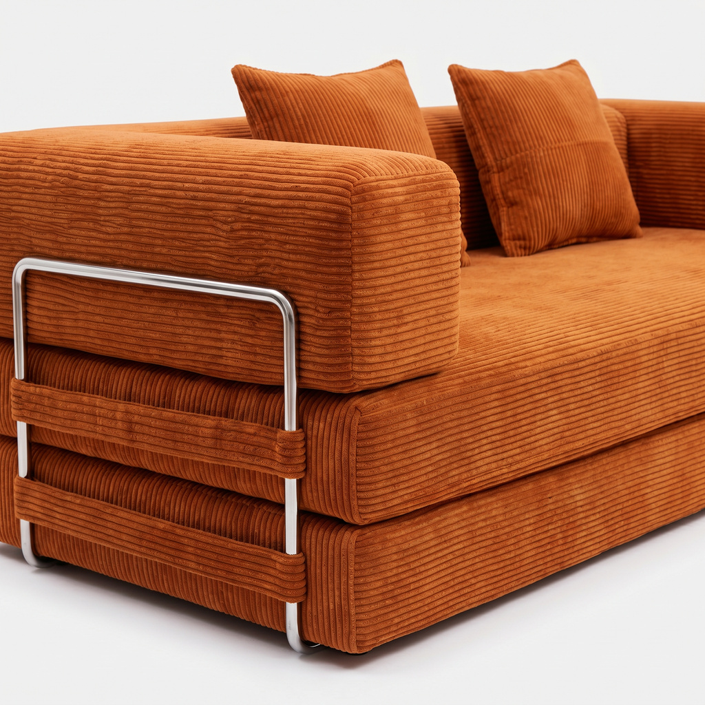 Milo Corduroy Sleeper Sofa in Tangerine side view with corduroy upholstery and metal support frame