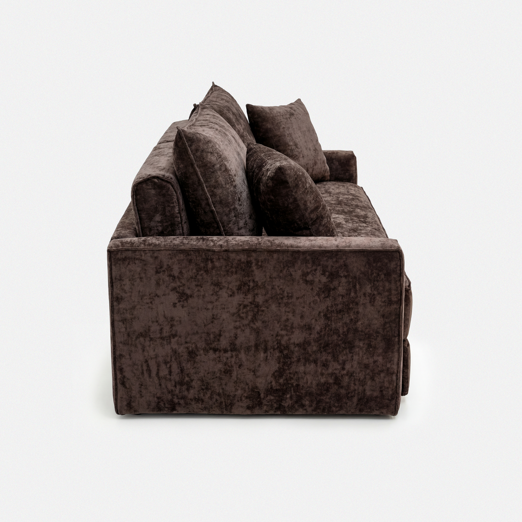Terra Low-Profile Sleeper Sofa in Brown side view with soft cushions and low-profile design