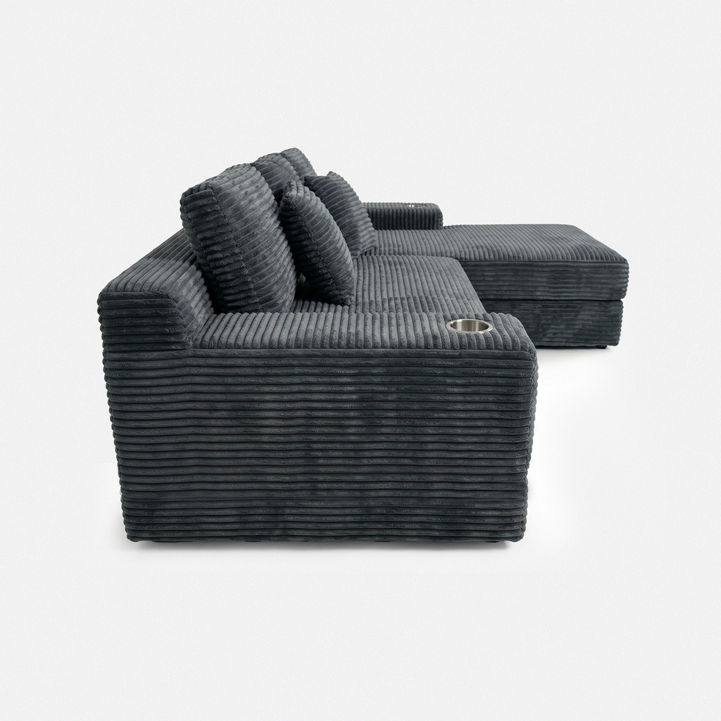 Lune Cloud Sectional Sofa in Charcoal side view with chaise layout and plush corduroy texture