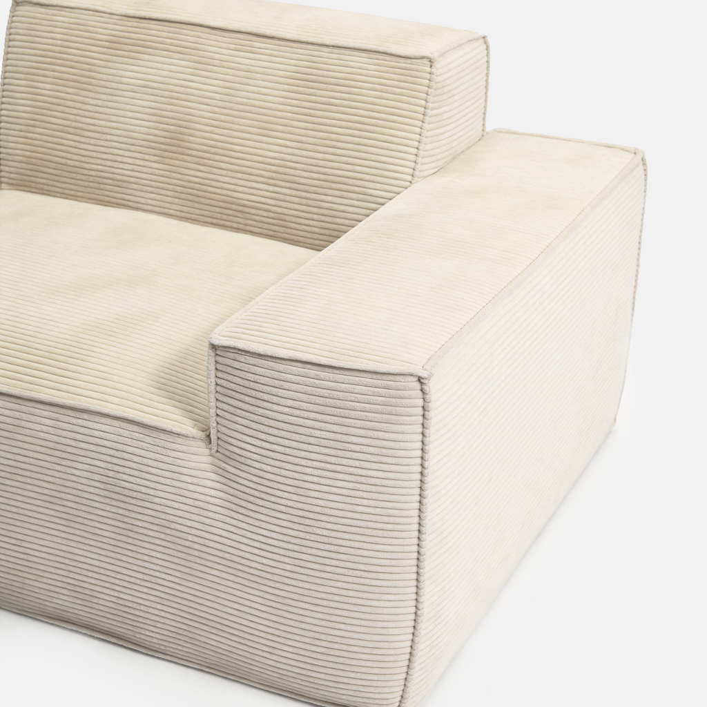 Cream Kivo Modular Sofa armrest detail with ribbed corduroy fabric