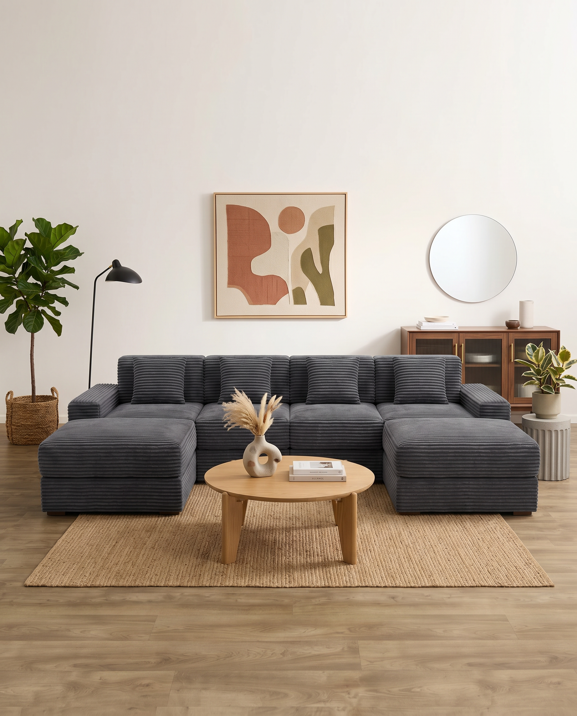 Noma Modular Lounge Set in Charcoal styled with a double chaise layout in a modern living room