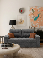 Milo Plush Sleeper Loveseat in Gray styled in a modern living room
