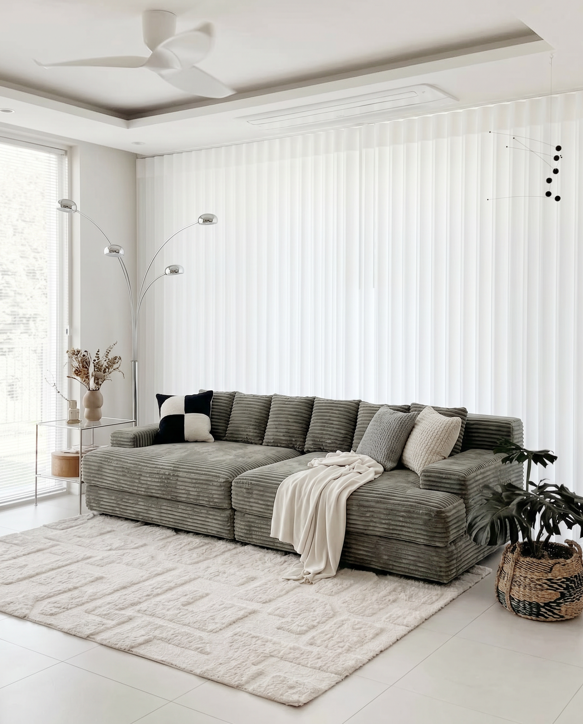Lune Corduroy Horizon Sectional Sofa styled as a sweeping lounge centerpiece in an open living space