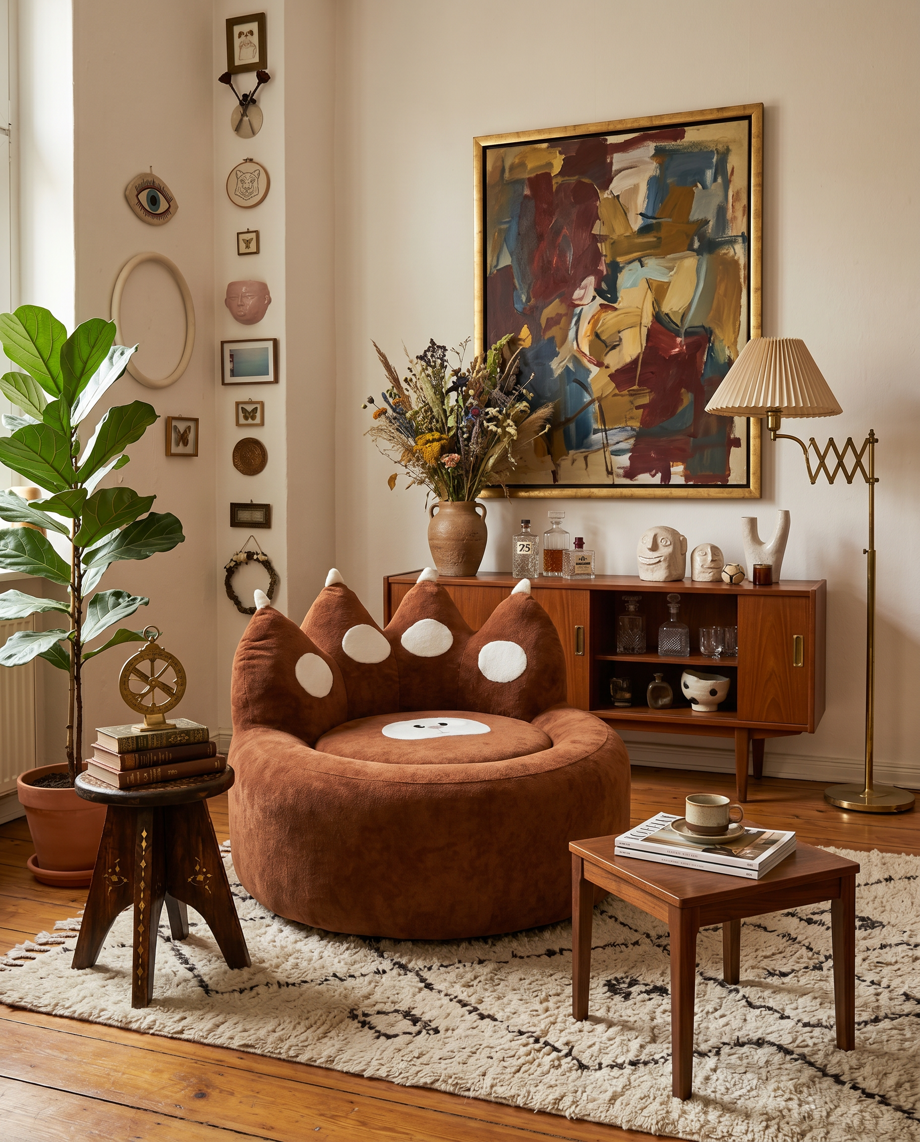 Paw Lounge Chair in Brown styled as a playful accent lounge chair in a warm eclectic living room