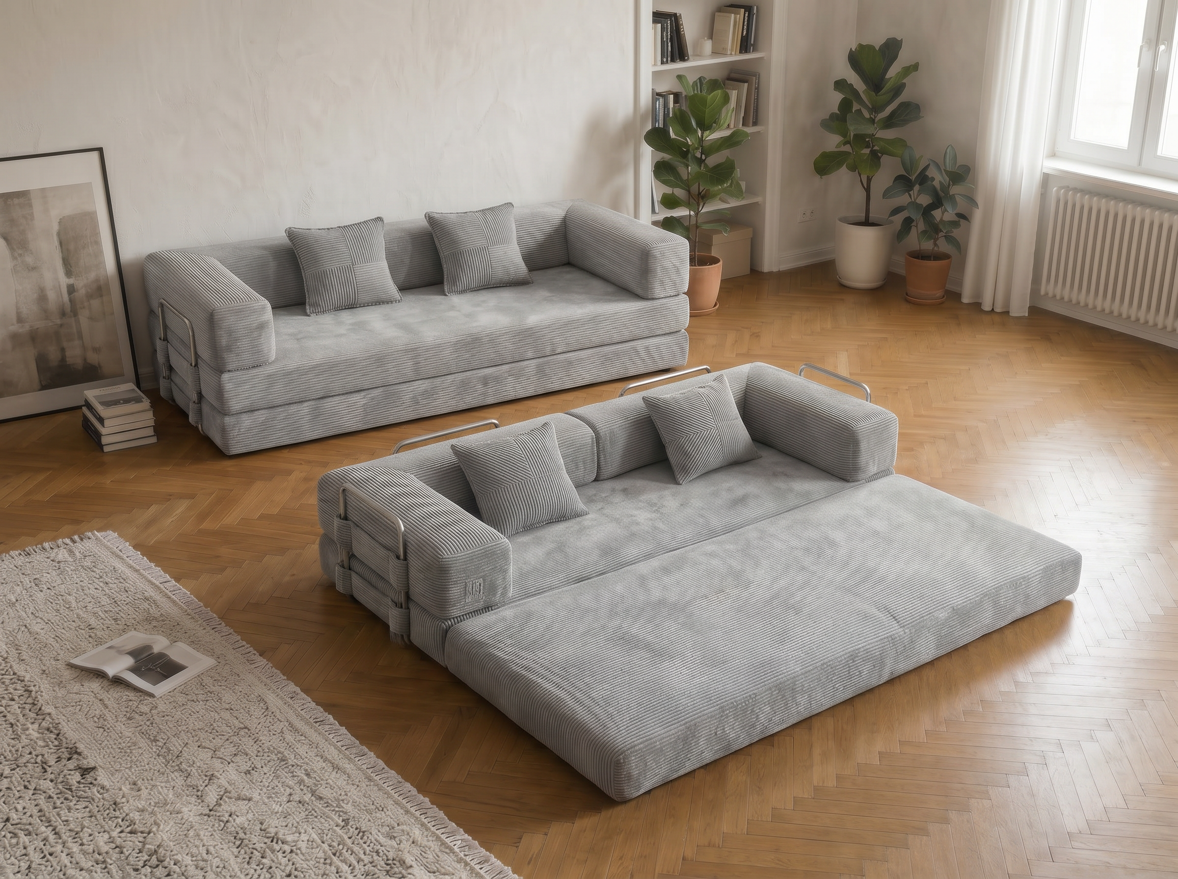 Milo Corduroy Sleeper Sofa video showing sofa-to-bed conversion in a modern living room