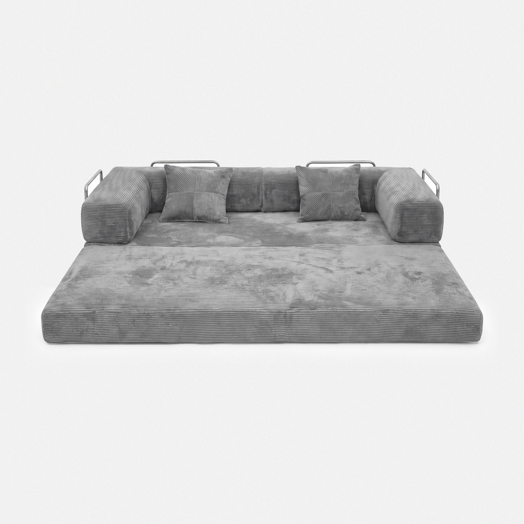 Milo Corduroy Sleeper Sofa in Light Grey shown as a spacious sofa bed layout