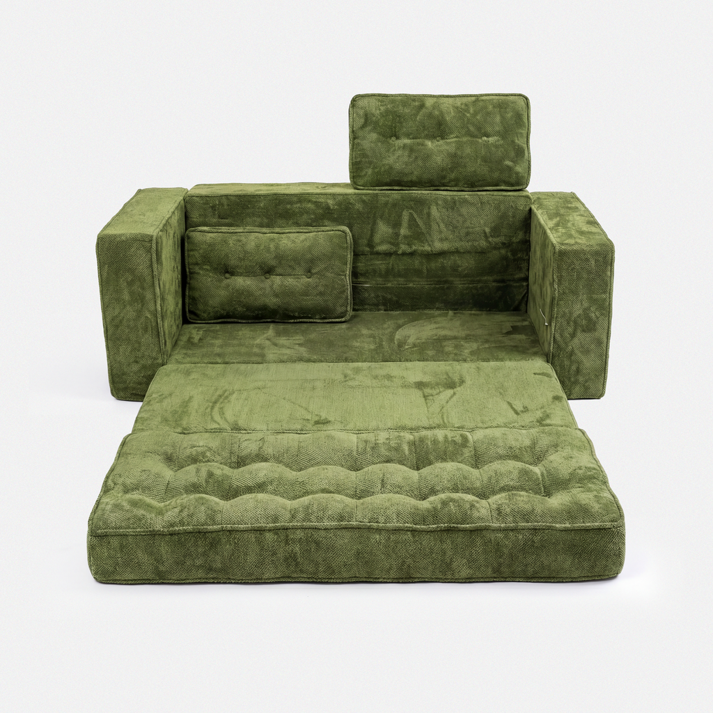 Milo Plush Sleeper Loveseat in Forest Green shown as a flat lounge bed