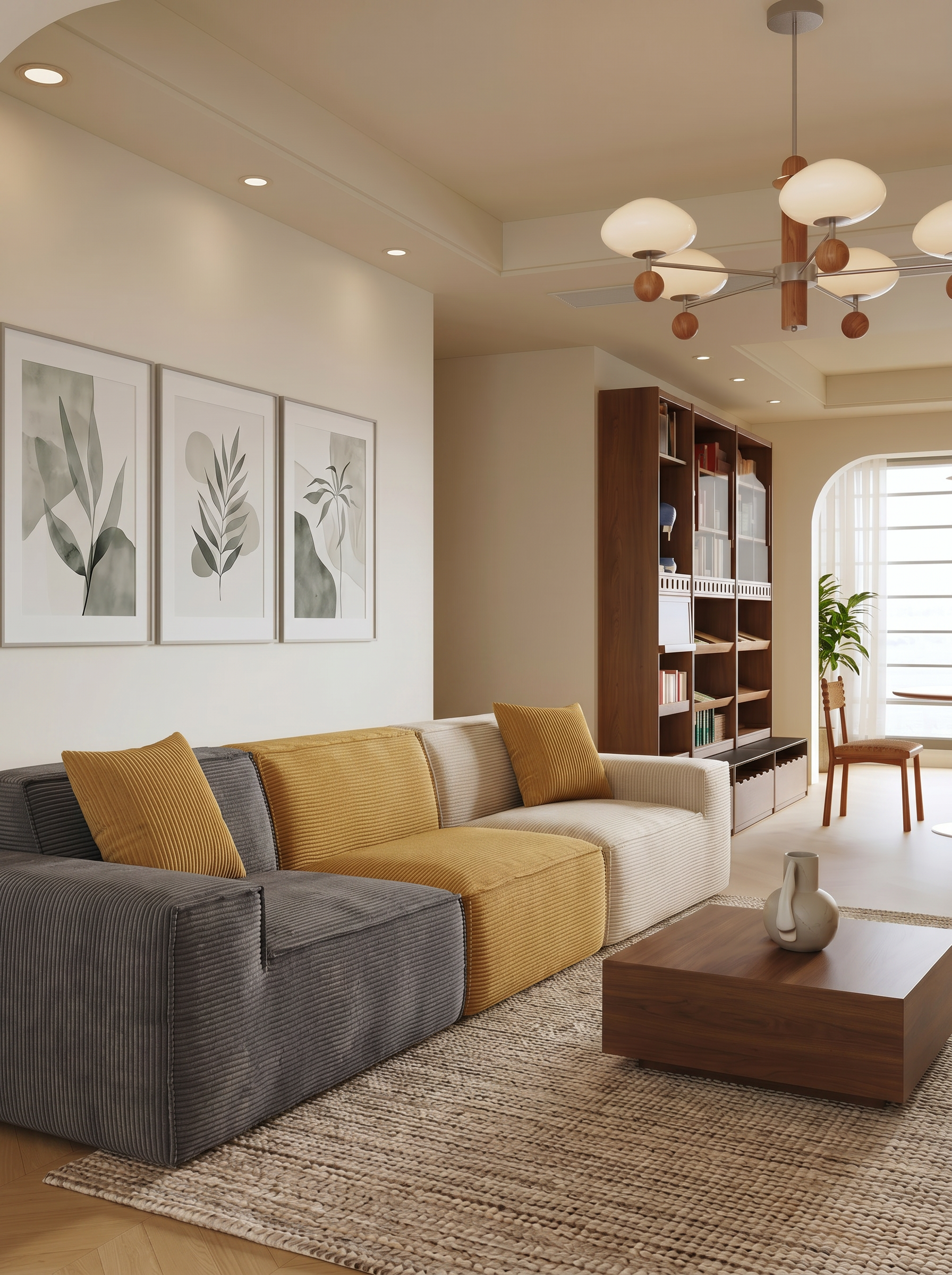 Kivo Modular Sofa detail showing tailored charcoal, mustard, and cream corduroy modules