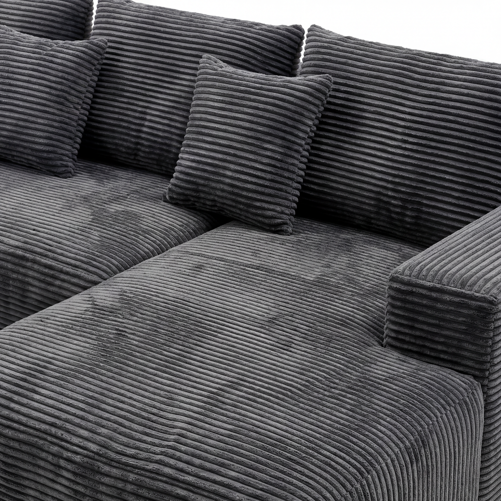 Lune L-Shape Sectional cushion detail with thick corduroy upholstery