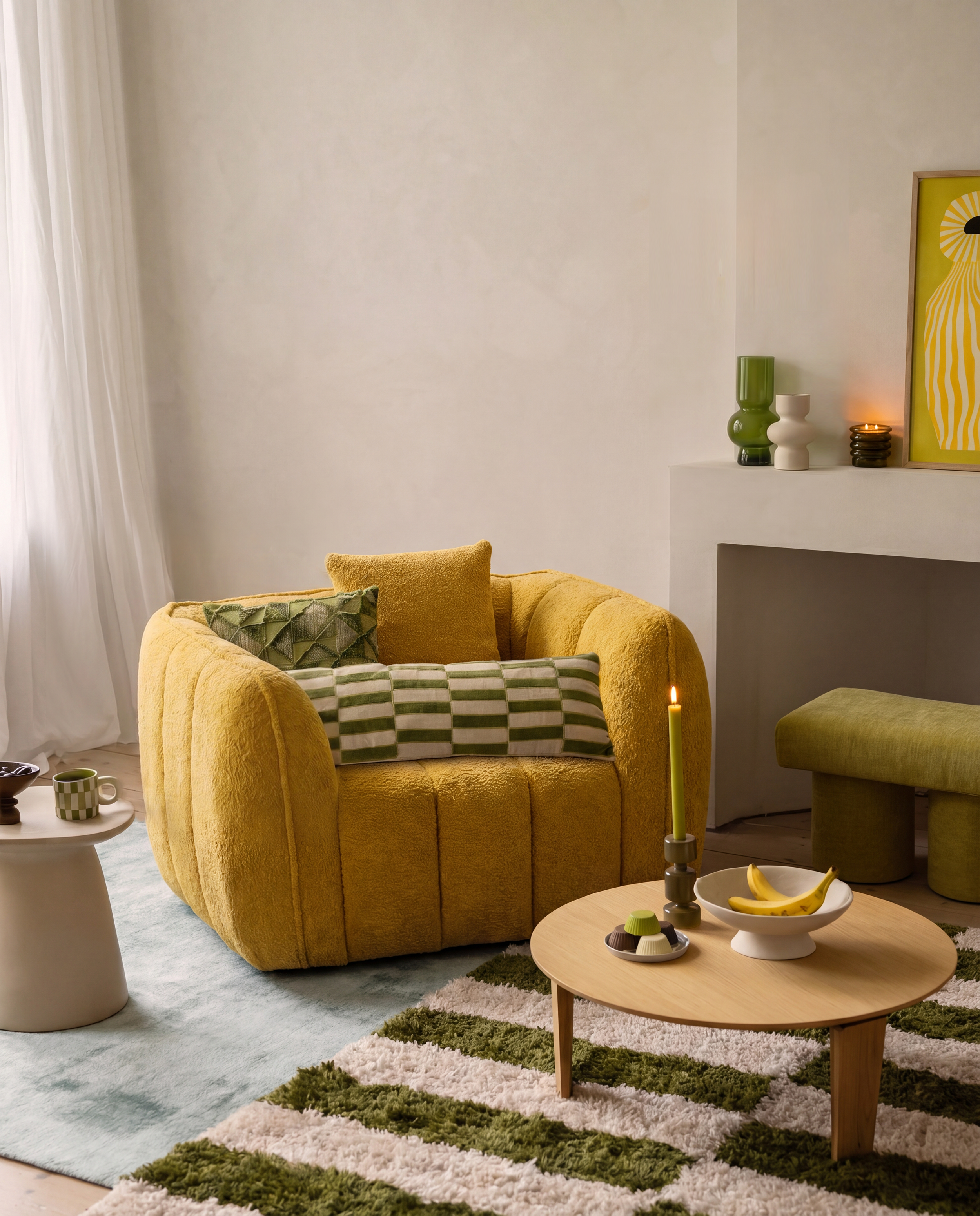 Melo Plush Accent Lounge Chair in Yellow styled in a cozy modern living room
