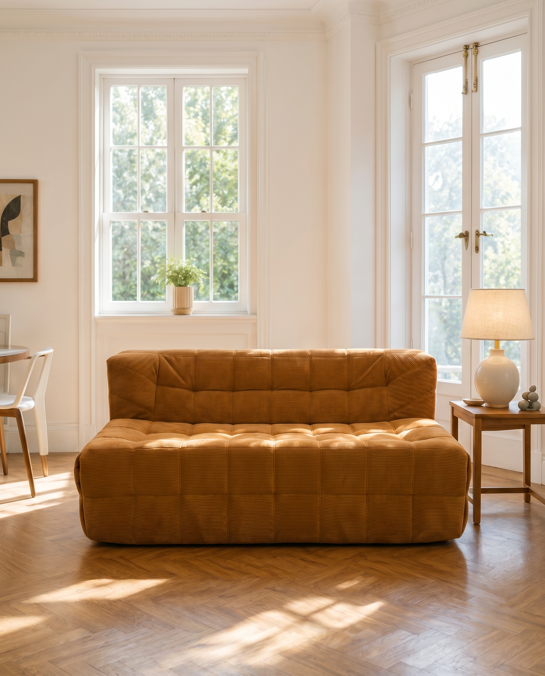 Plush Tufted Lounge Loveseat in Tangerine styled in a bright sunlit living room