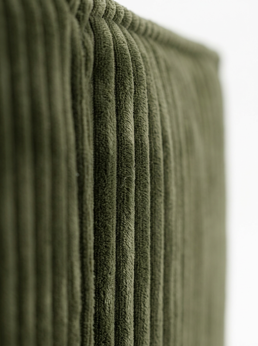 Aero modular sectional sofa armrest detail with plush forest green corduroy texture