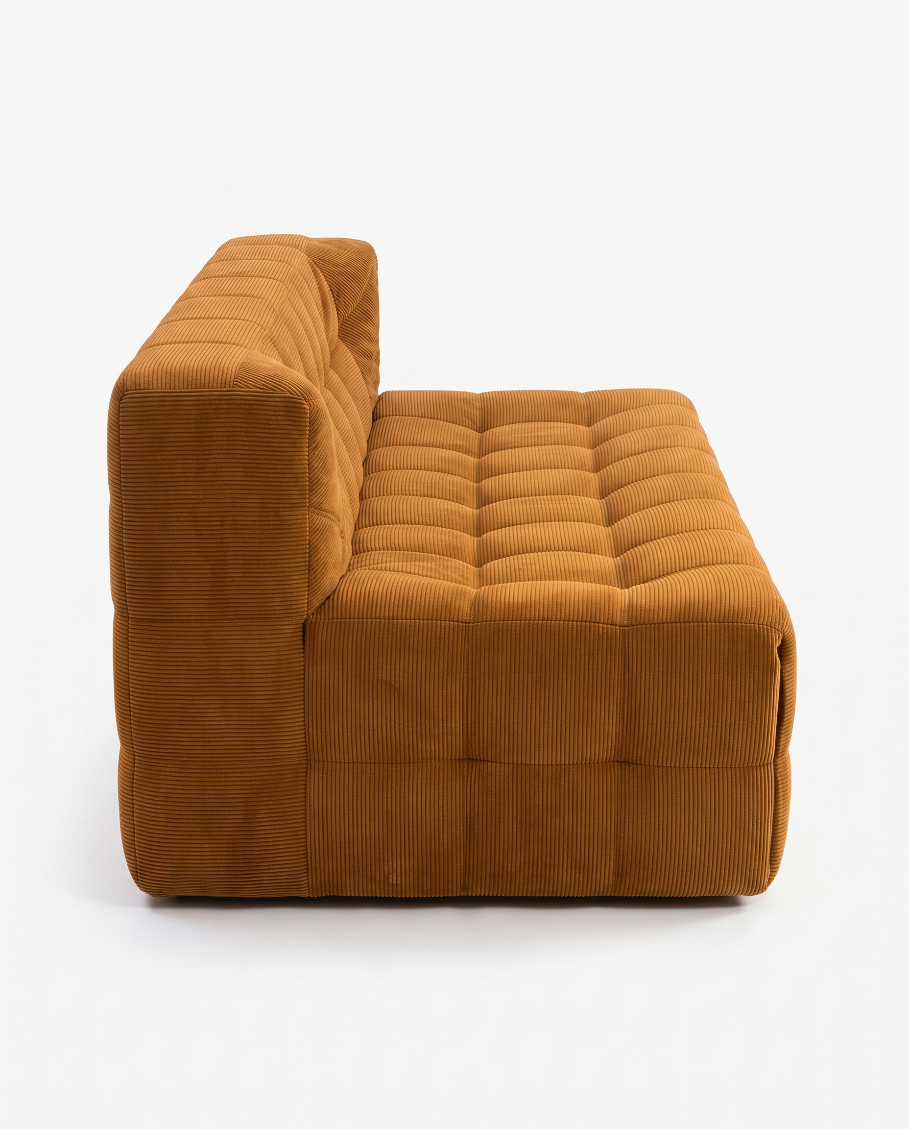 Plush Tufted Lounge Loveseat in Tangerine side view with corduroy tufted design