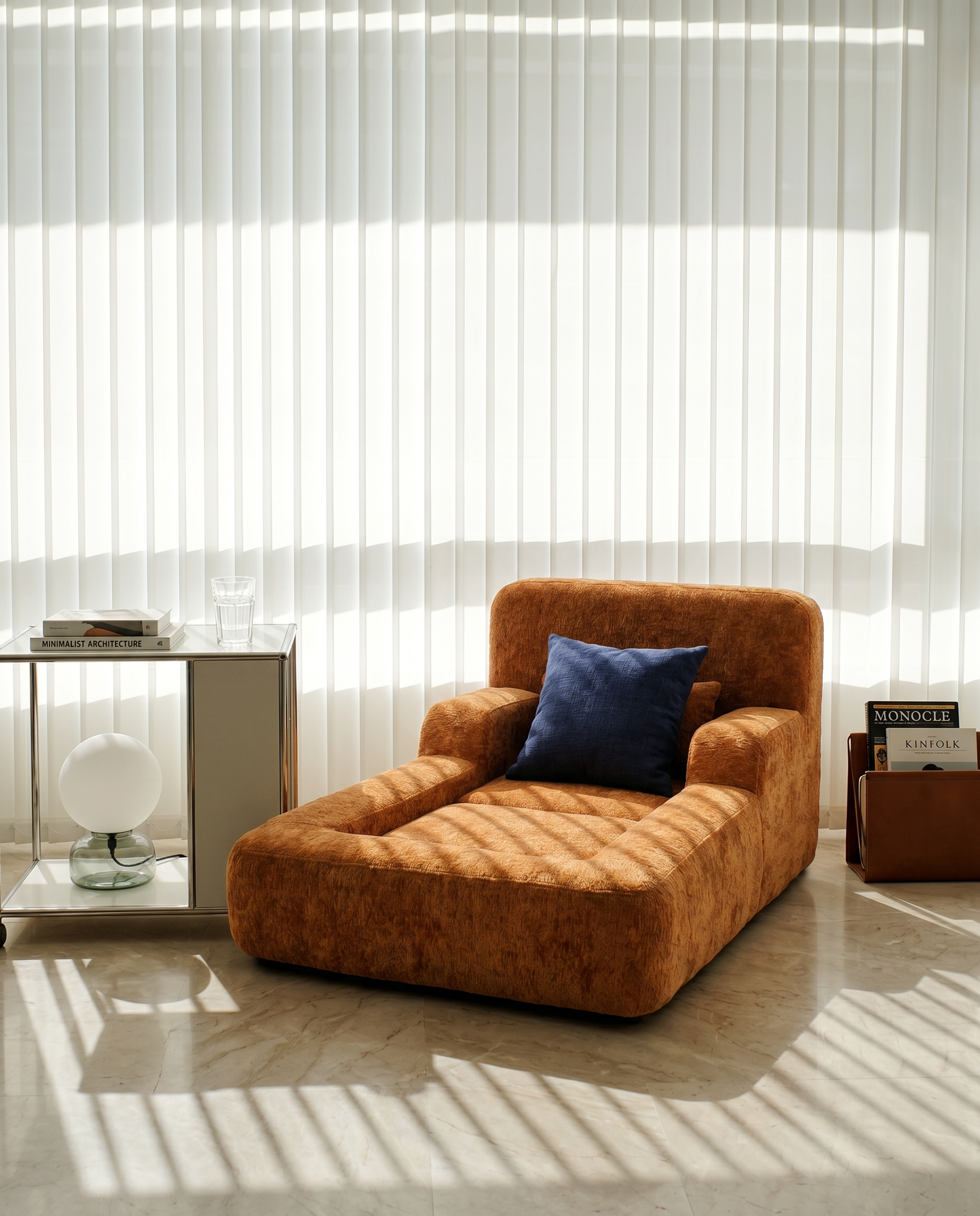 Mimi Kids Lounge Chair in Tangerine styled in a bright kids room