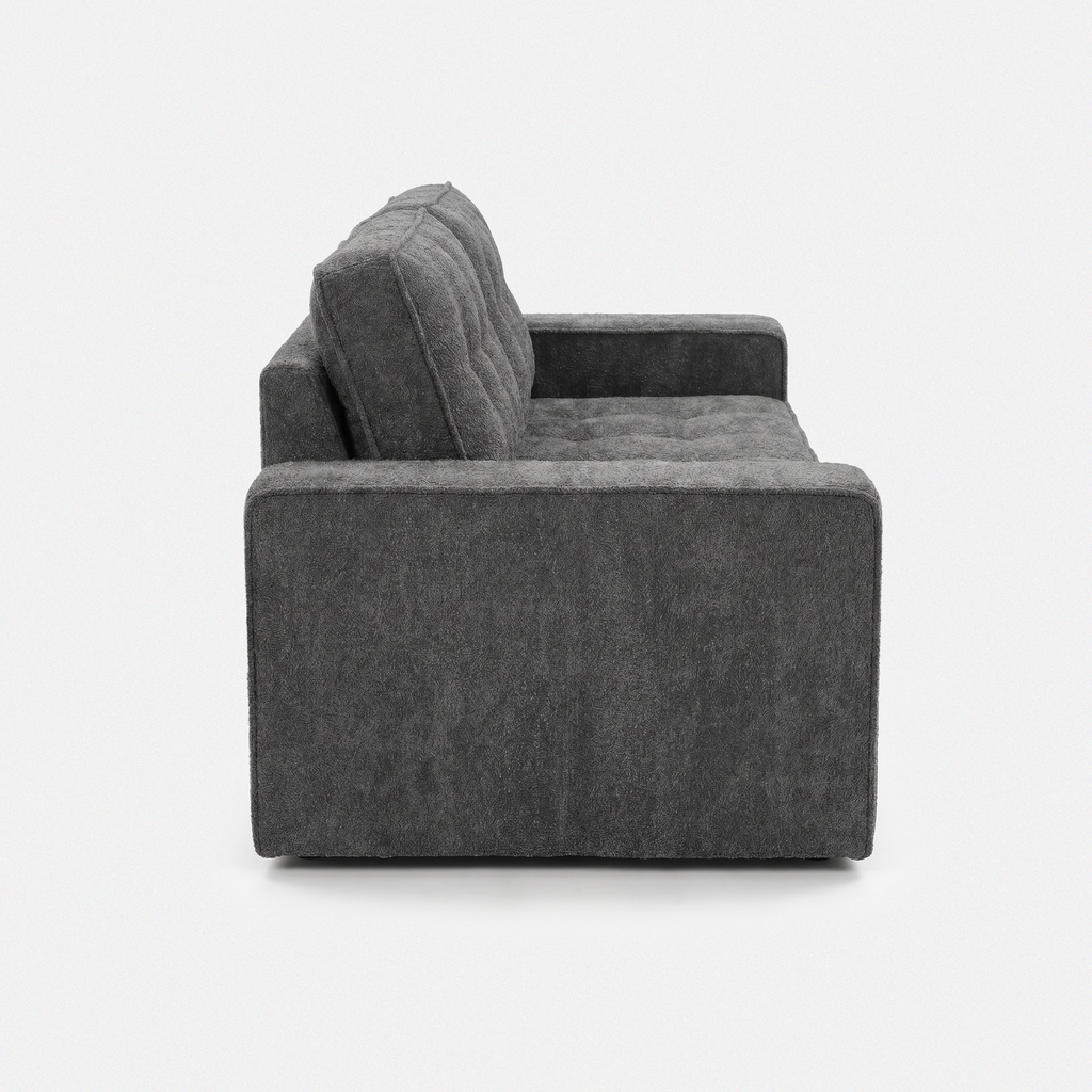 Milo Plush Sleeper Loveseat in Gray side view with square arms and soft cushions