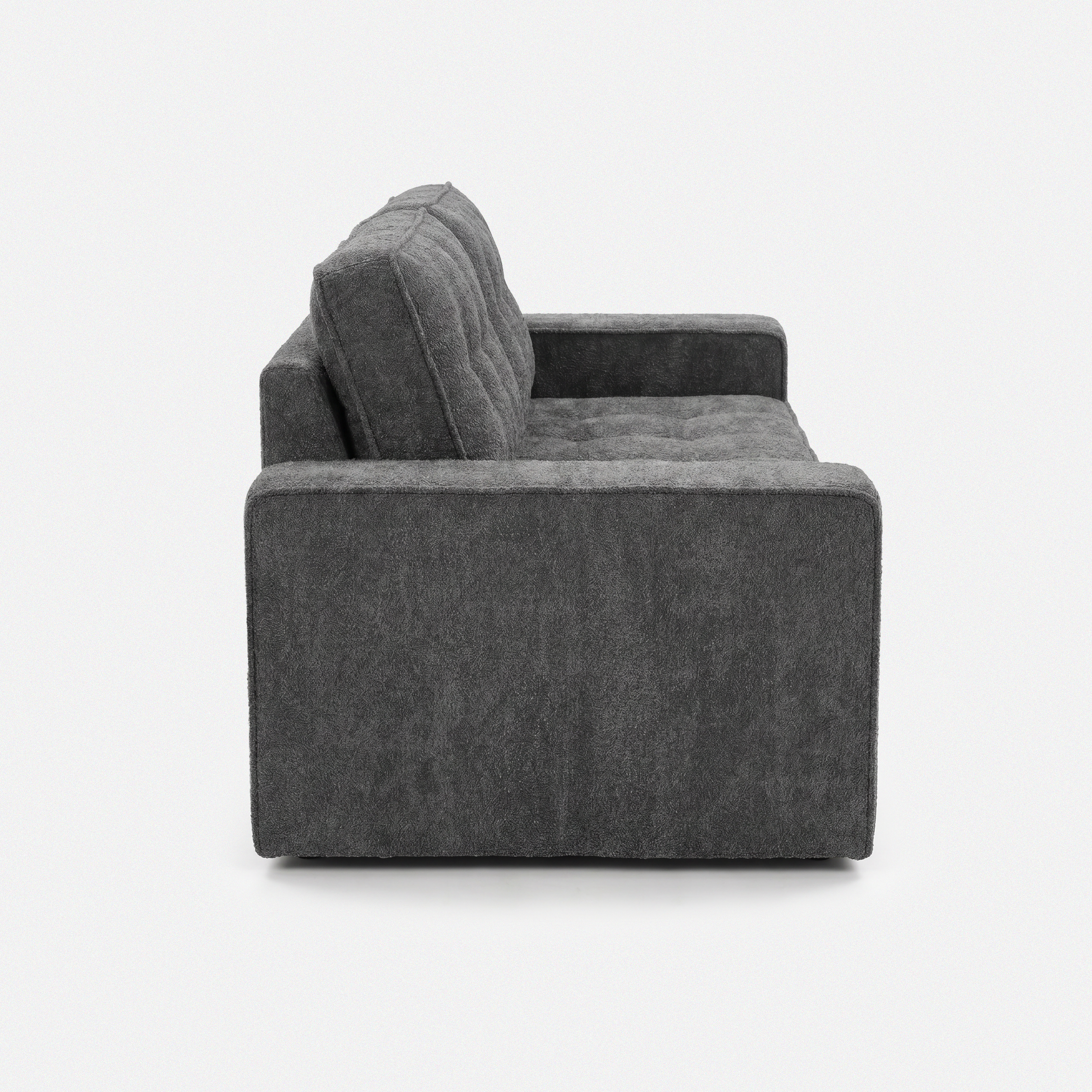 Milo Plush Sleeper Loveseat in Gray side view with square arms and soft cushions