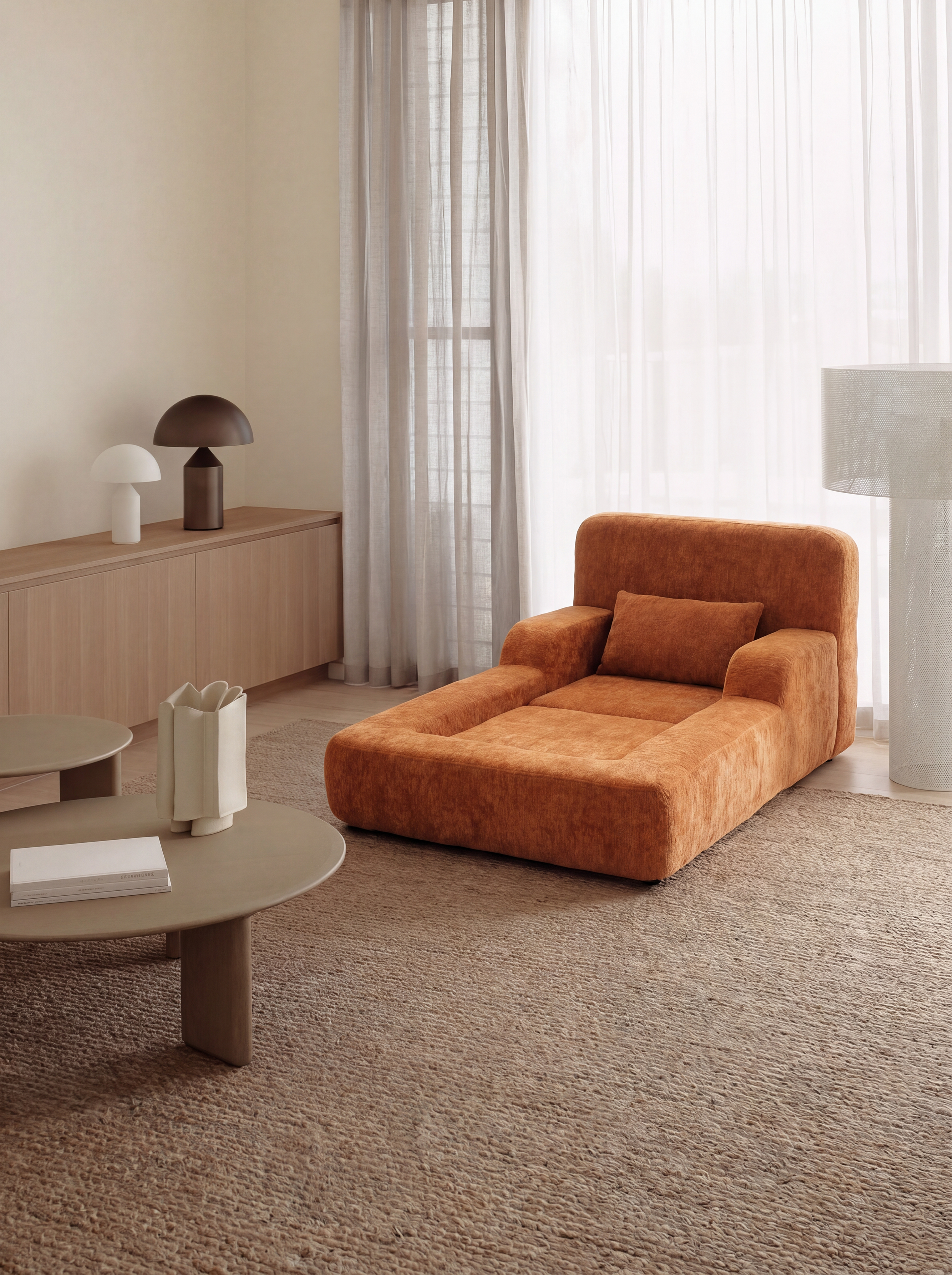 Mimi Kids Accent Lounge Chair in Tangerine styled in a soft modern living room