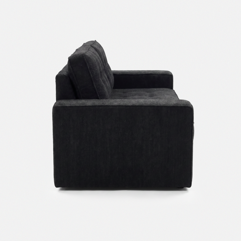 Milo Plush Sleeper Loveseat in Black side view with square arms and soft cushions
