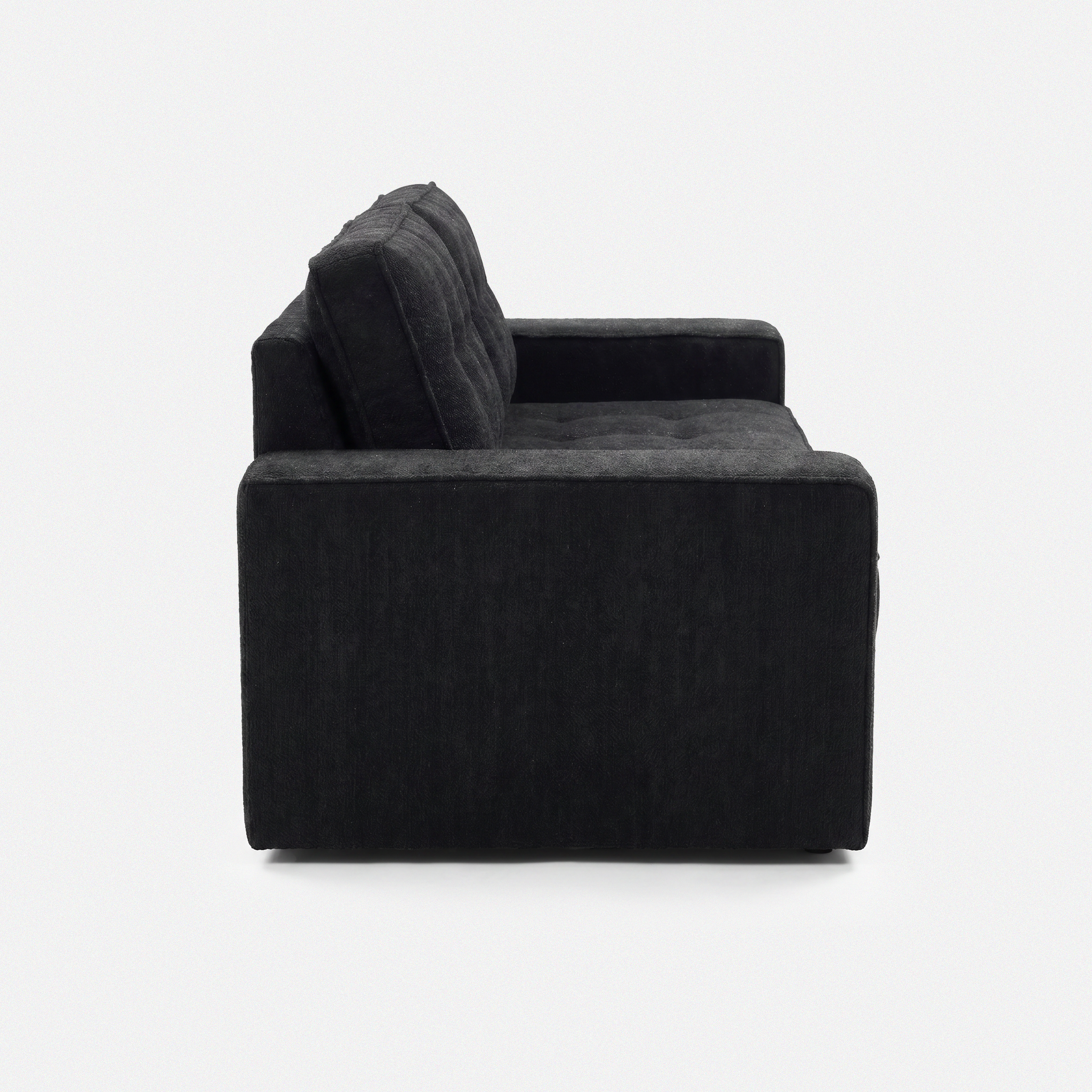 Milo Plush Sleeper Loveseat in Black side view with square arms and soft cushions