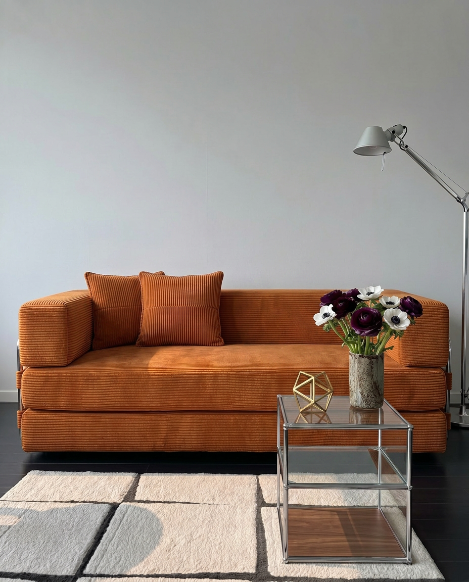 Milo Corduroy Sleeper Sofa in Tangerine styled for day-to-night lounging in a modern living room
