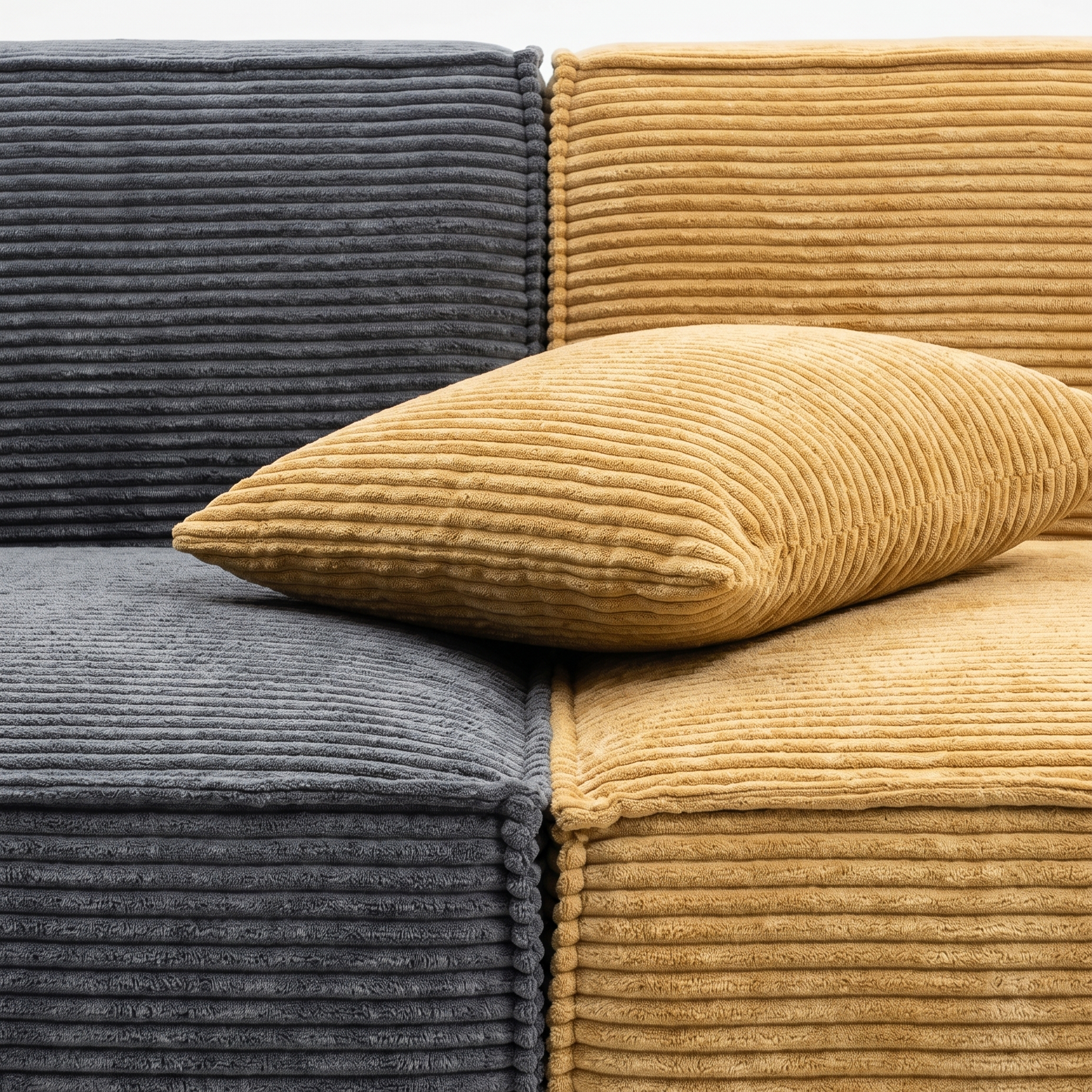 Kivo Modular Sofa cushion detail with charcoal and mustard modular sections