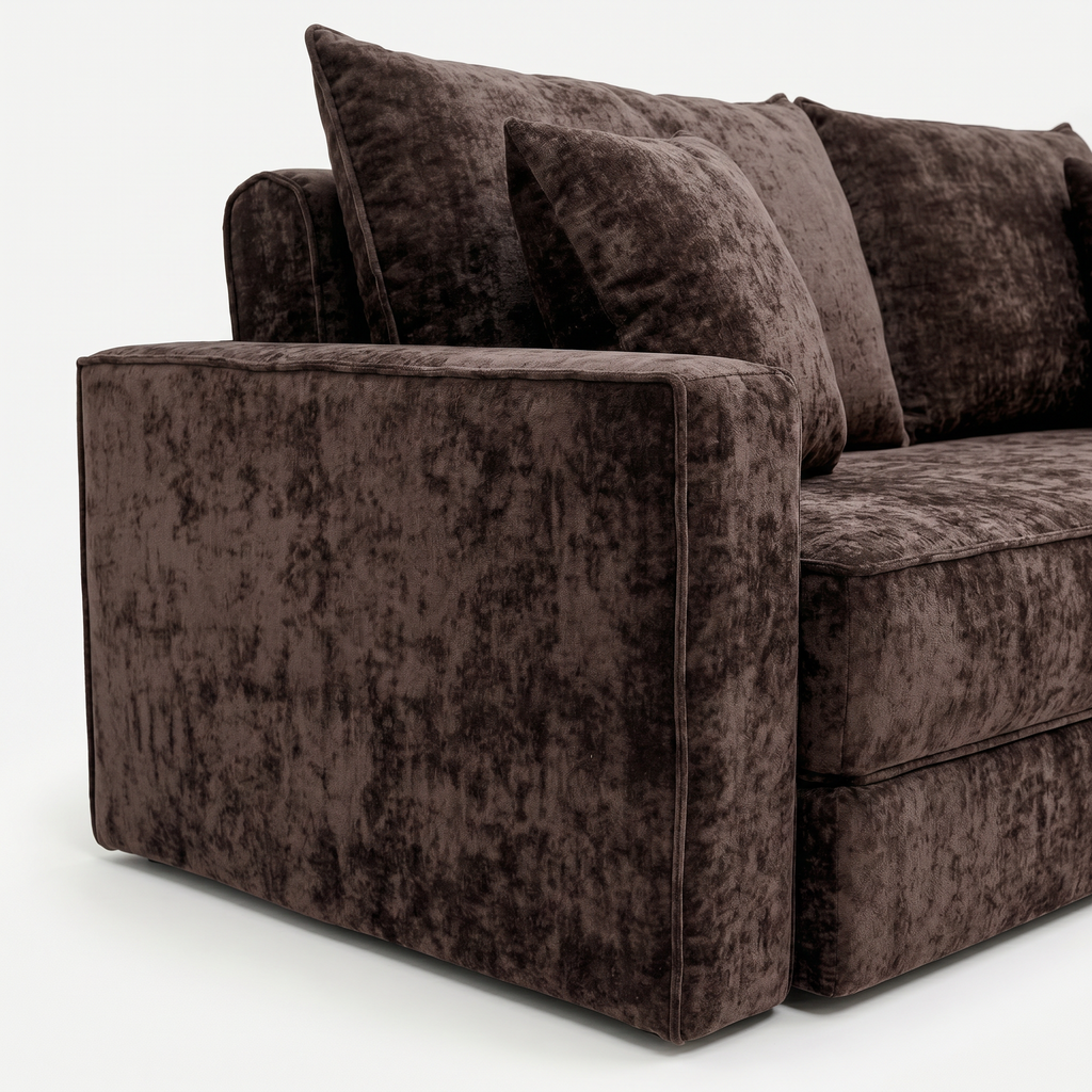 Terra Low-Profile Sleeper Sofa in Brown with armrest, pillows, and textured fabric detail