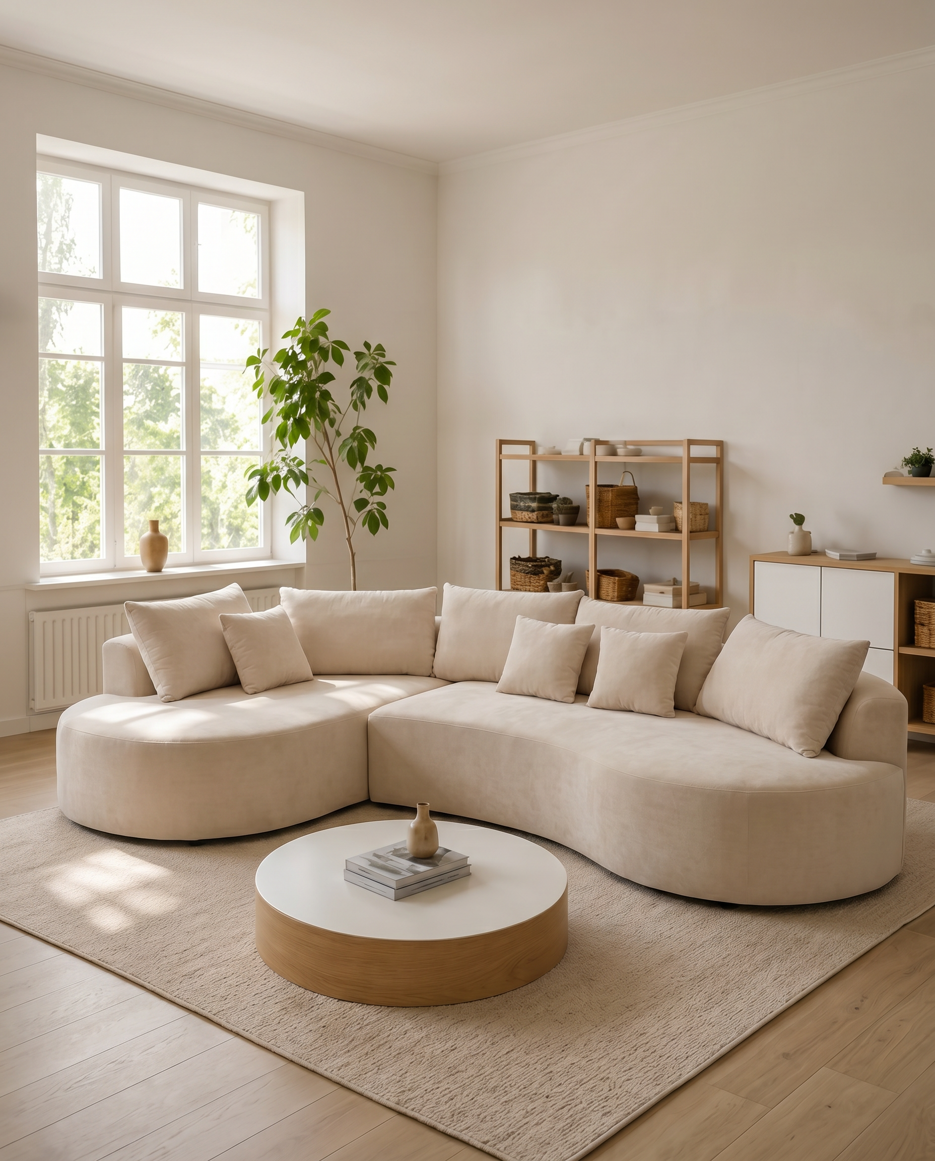 Cove Curved Sleeper Sofa styled in a bright living room with clean modular upholstery