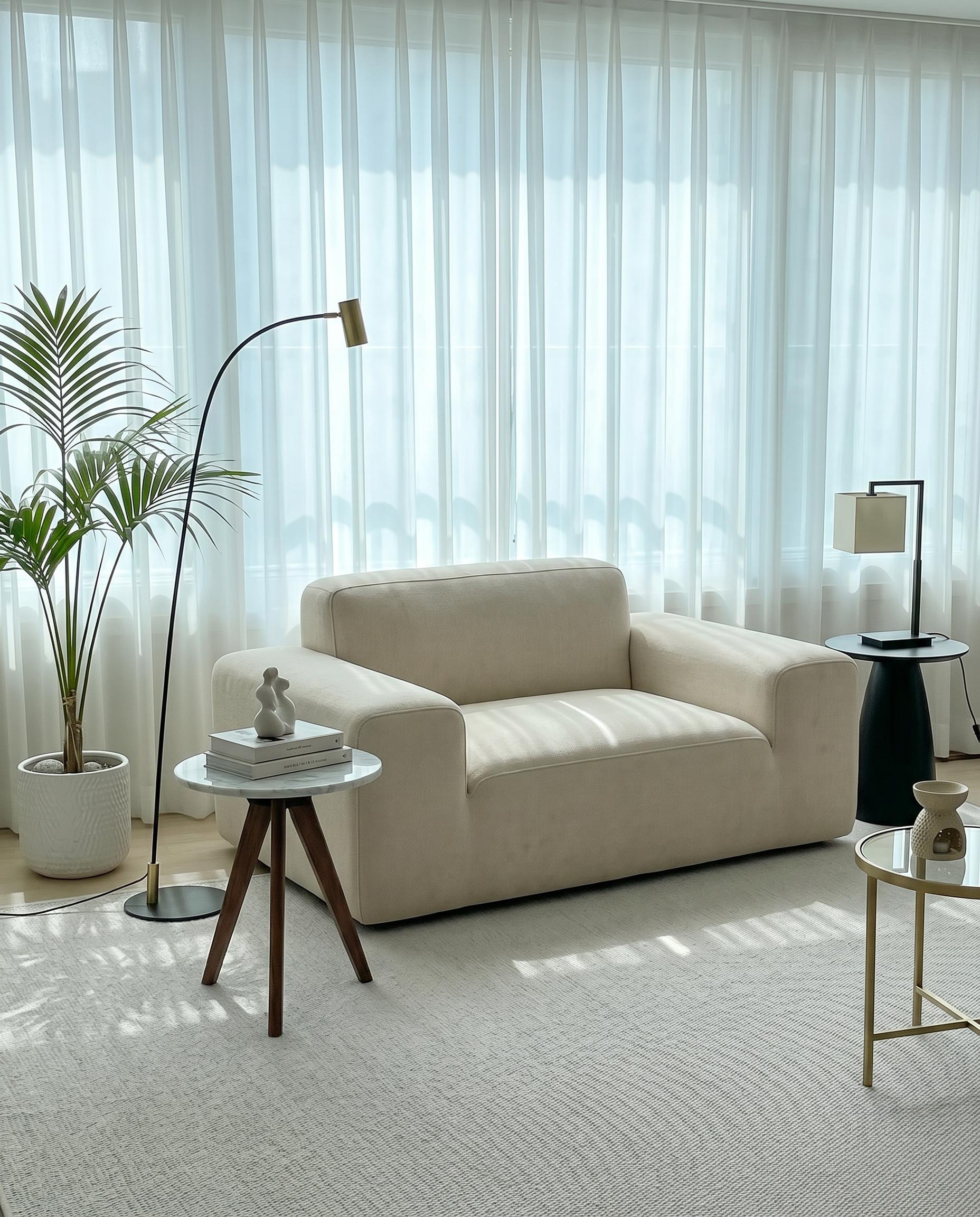 Tovo Cream Wide Accent Chair styled in a bright modern living room
