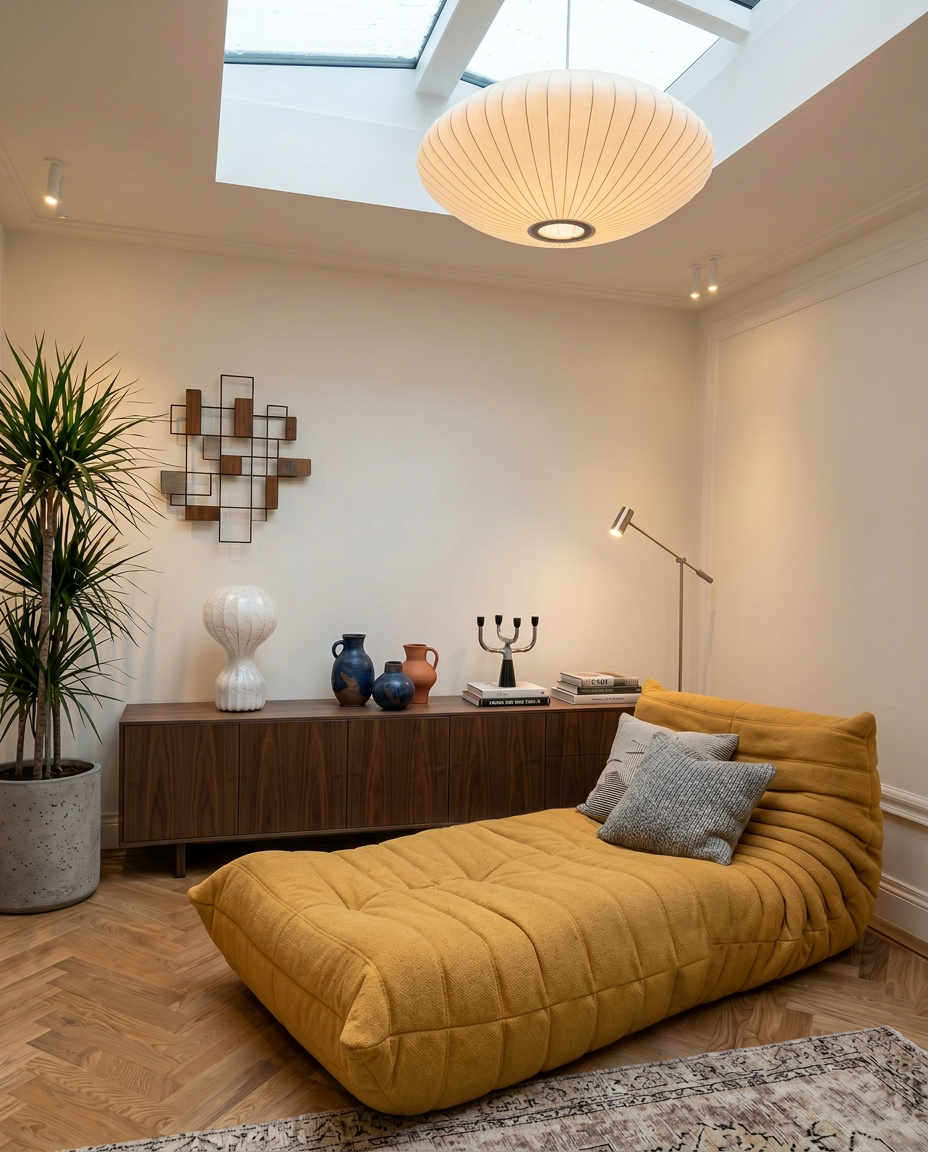 Caterpillar Cream Chaise Lounge in Yellow styled as a sculptural lounge piece in a warm living room
