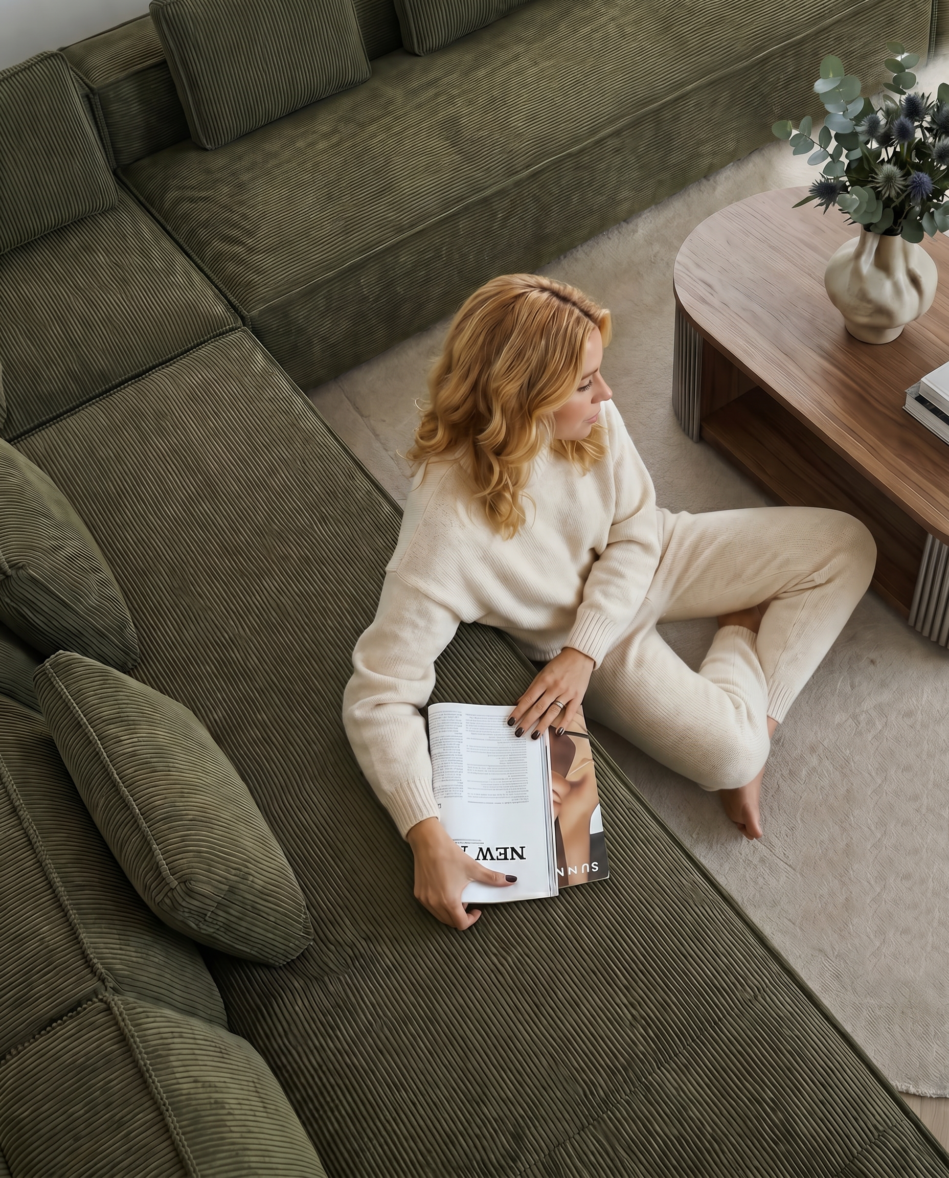 Forest green Aero deep-seat modular sectional sofa styled in a warm modern living room