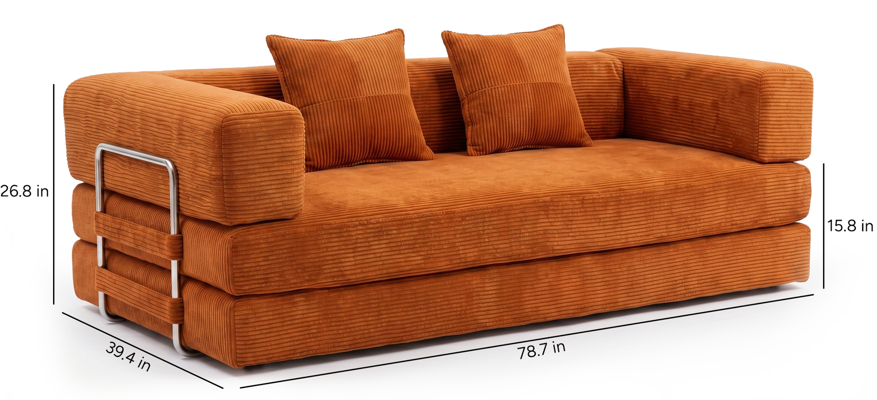 Milo Corduroy Sleeper Sofa in Tangerine size guide with sofa bed dimensions
