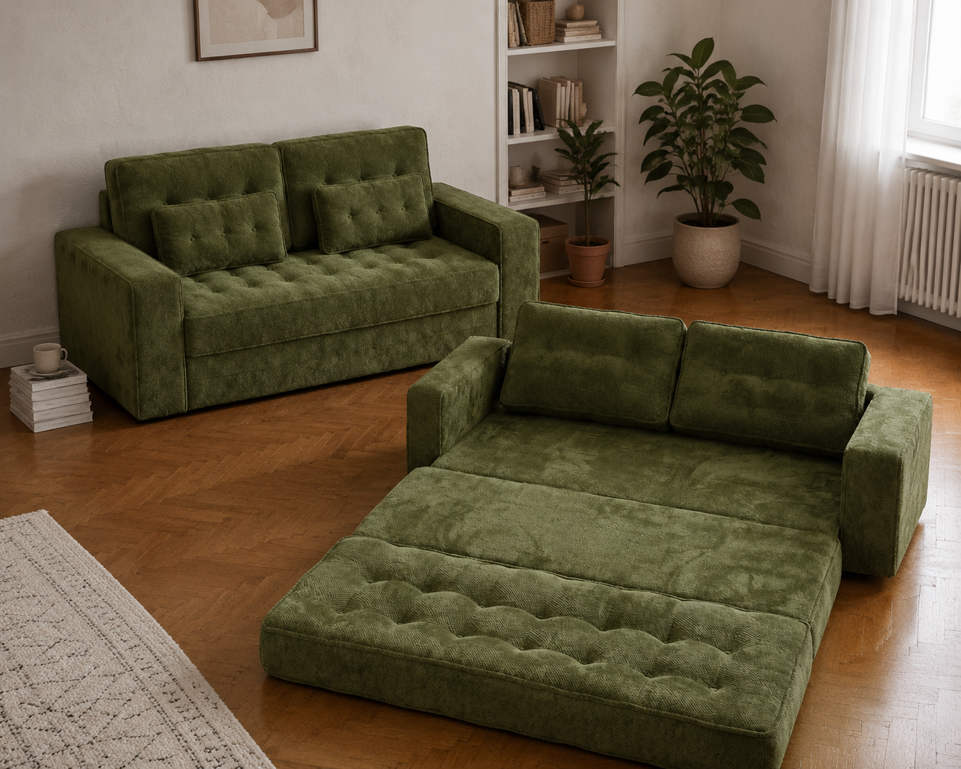 Milo Plush Sleeper Loveseat in Forest Green shown in both sofa and lounge bed layouts