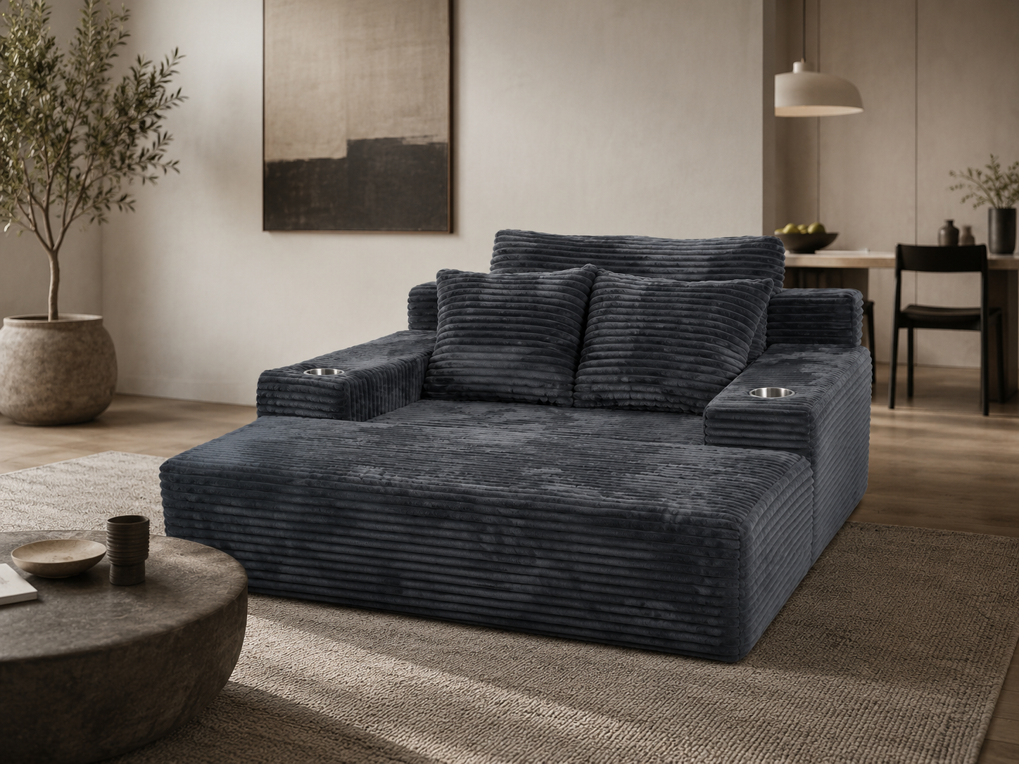 Lune Charcoal Compact Chaise Lounge styled in a modern neutral living room