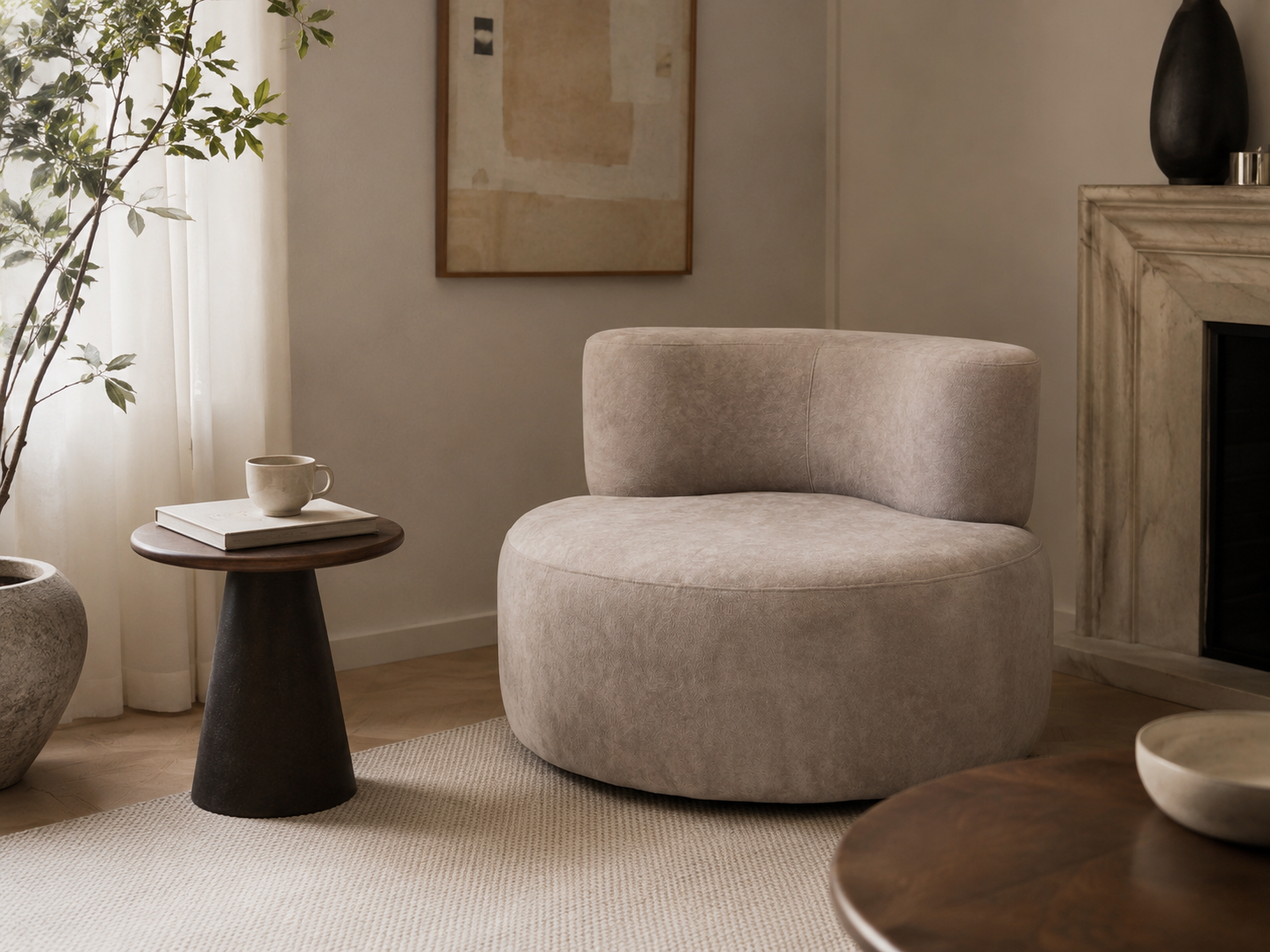Sola Round Accent Lounge Chair in Light Grey styled in a quiet cozy living corner