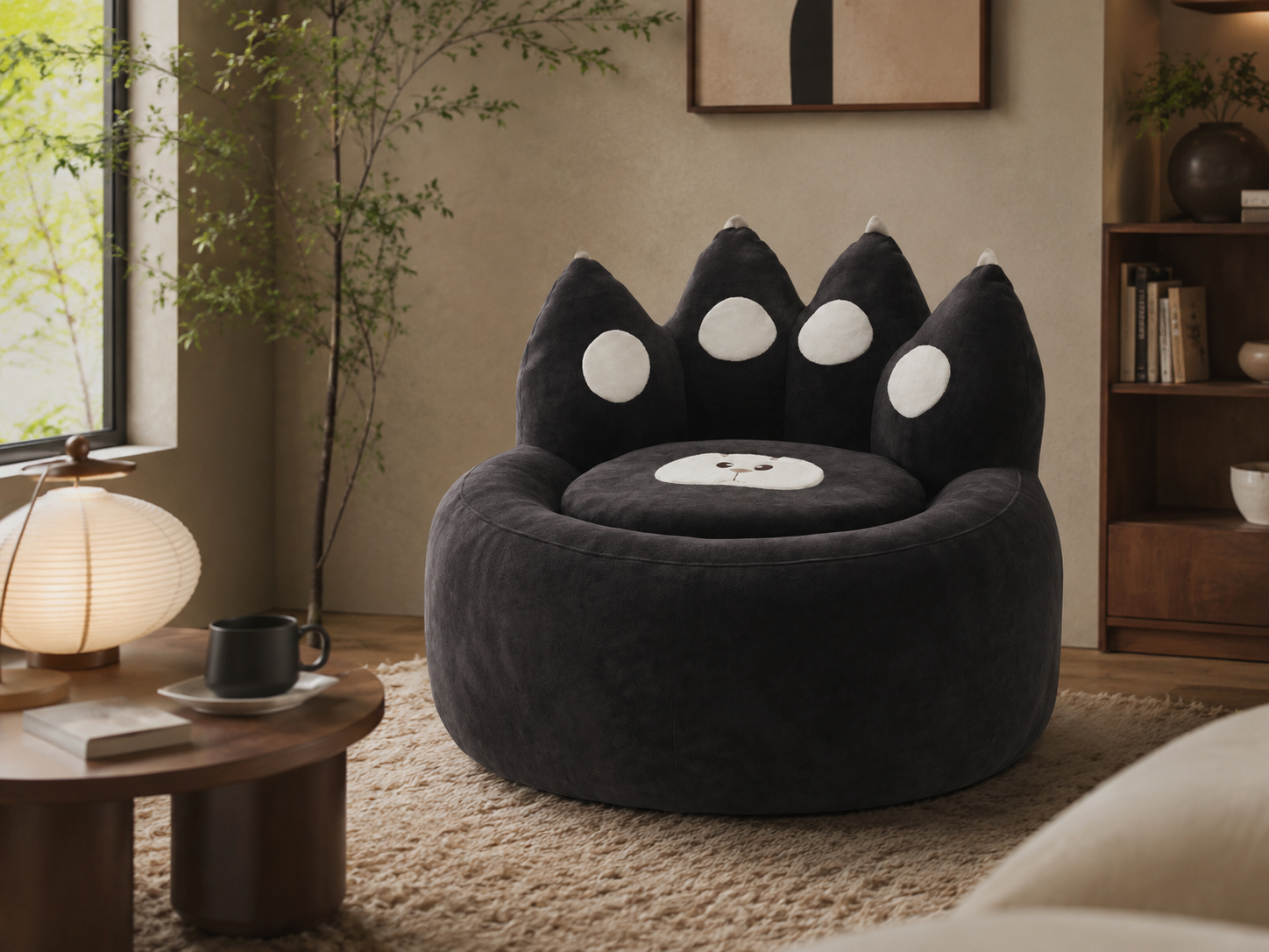 Paw Lounge Chair in Black styled in a warm modern living room