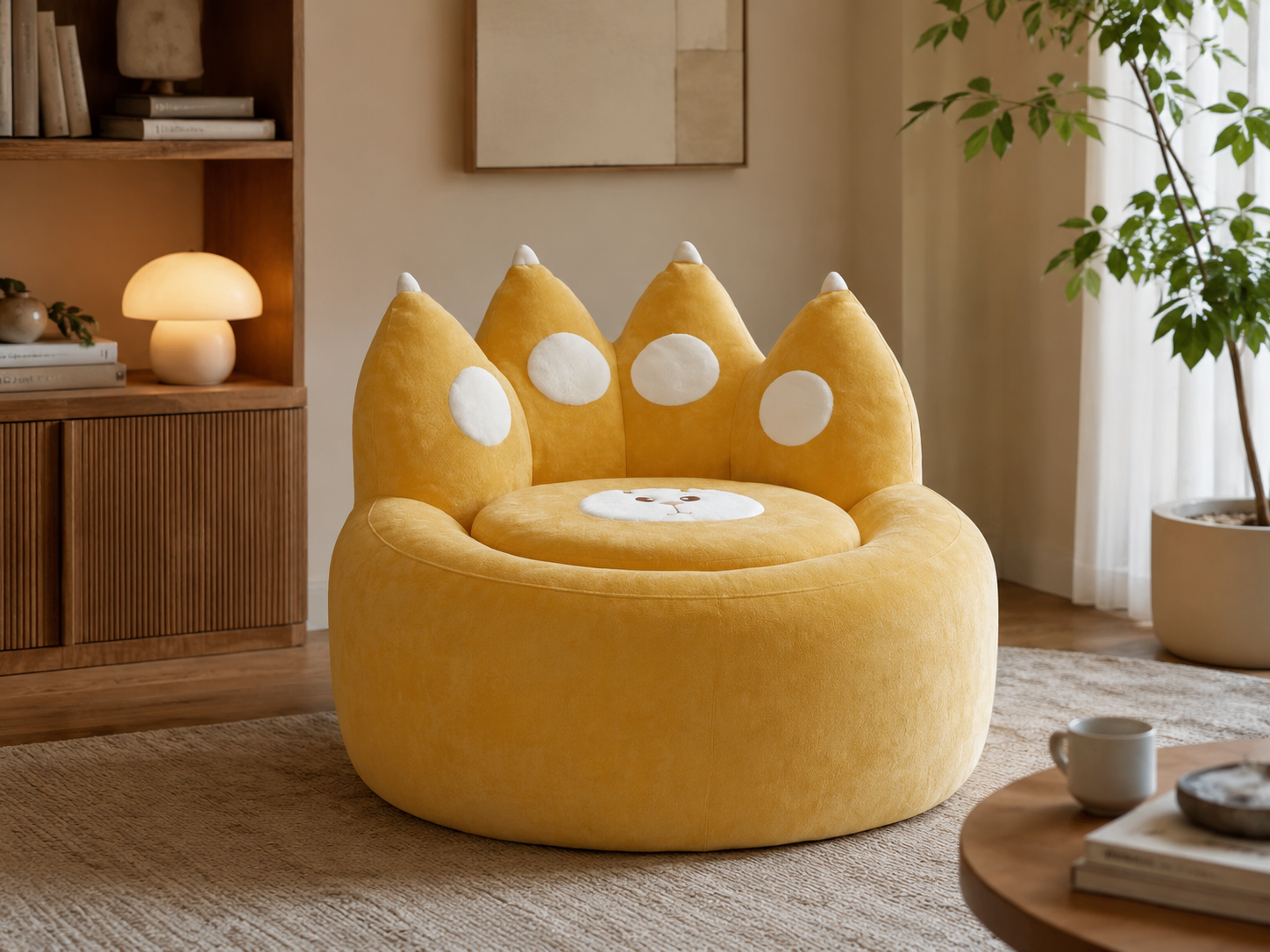 Paw Lounge Chair in Yellow styled as a playful accent chair in a warm living room