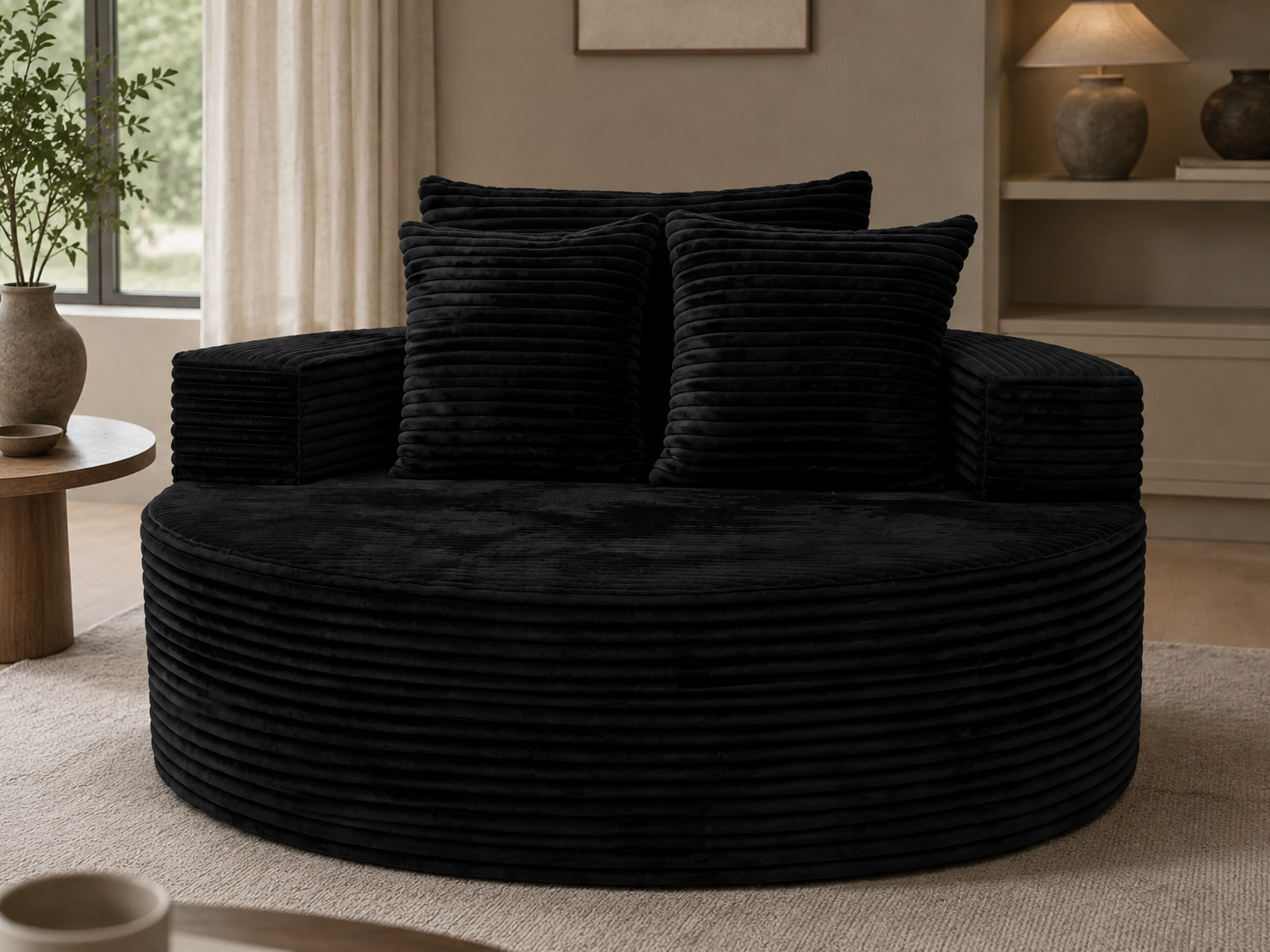 Noma Charcoal Deep Lounge Chair close-up showing oversized round seat and plush corduroy pillows