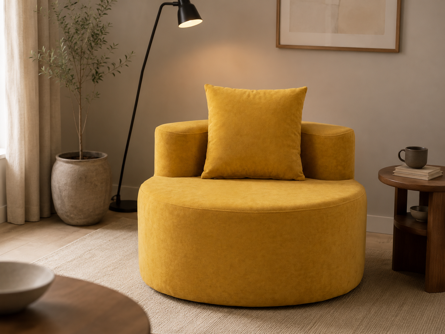 Cloud Round Accent Lounge Chair in Yellow styled in a warm cozy living corner