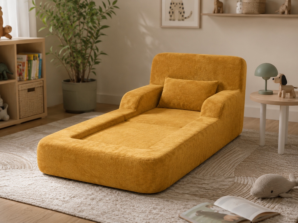 Mimi Kids Lounge Chair in Yellow styled in a warm kids room