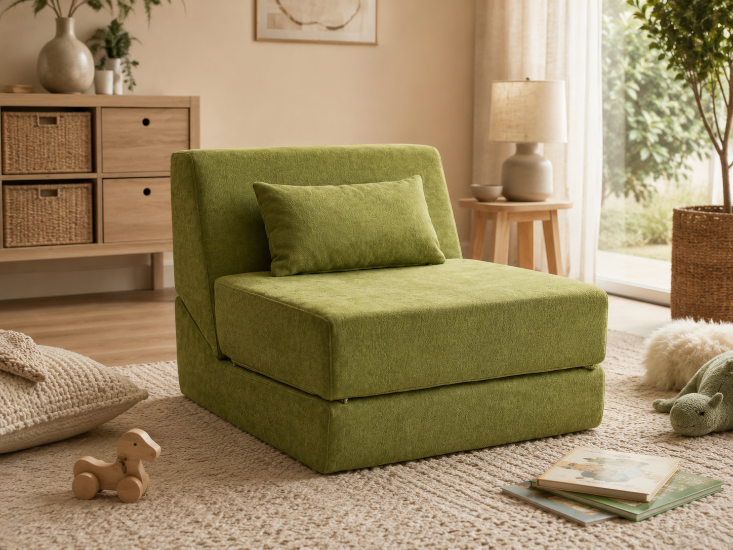 Convertible Lounge Chair Bed in Moss styled for floor-level living in a warm cozy room
