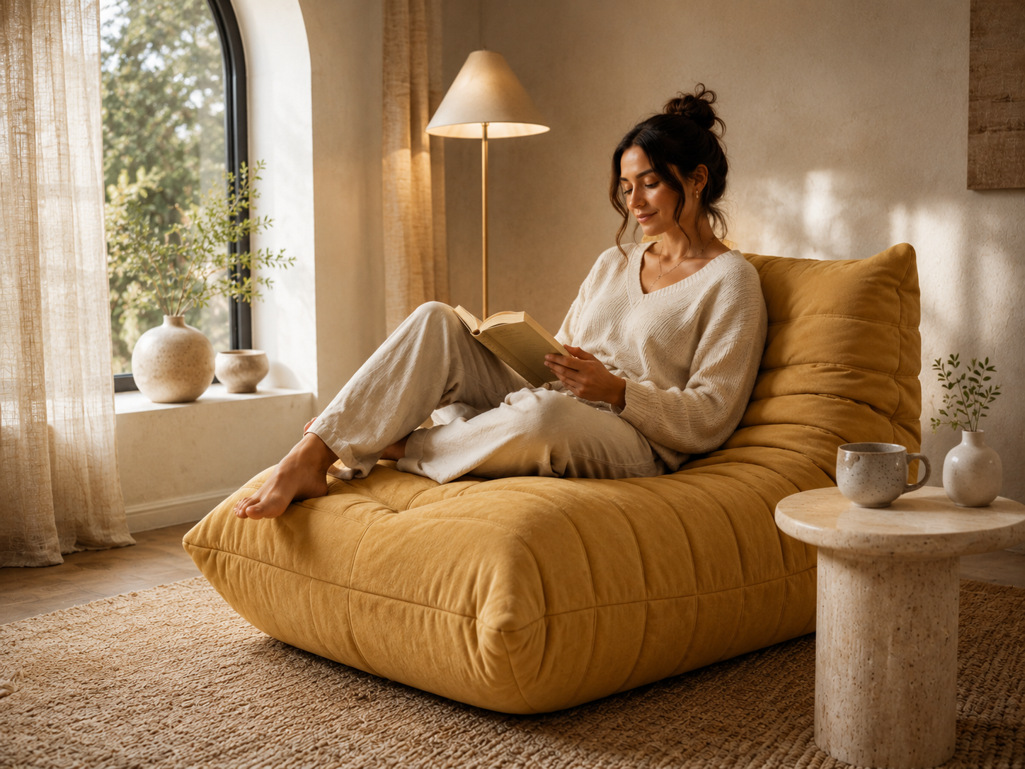 Caterpillar Cream Chaise Lounge in Yellow styled for cozy reading and relaxed lounging